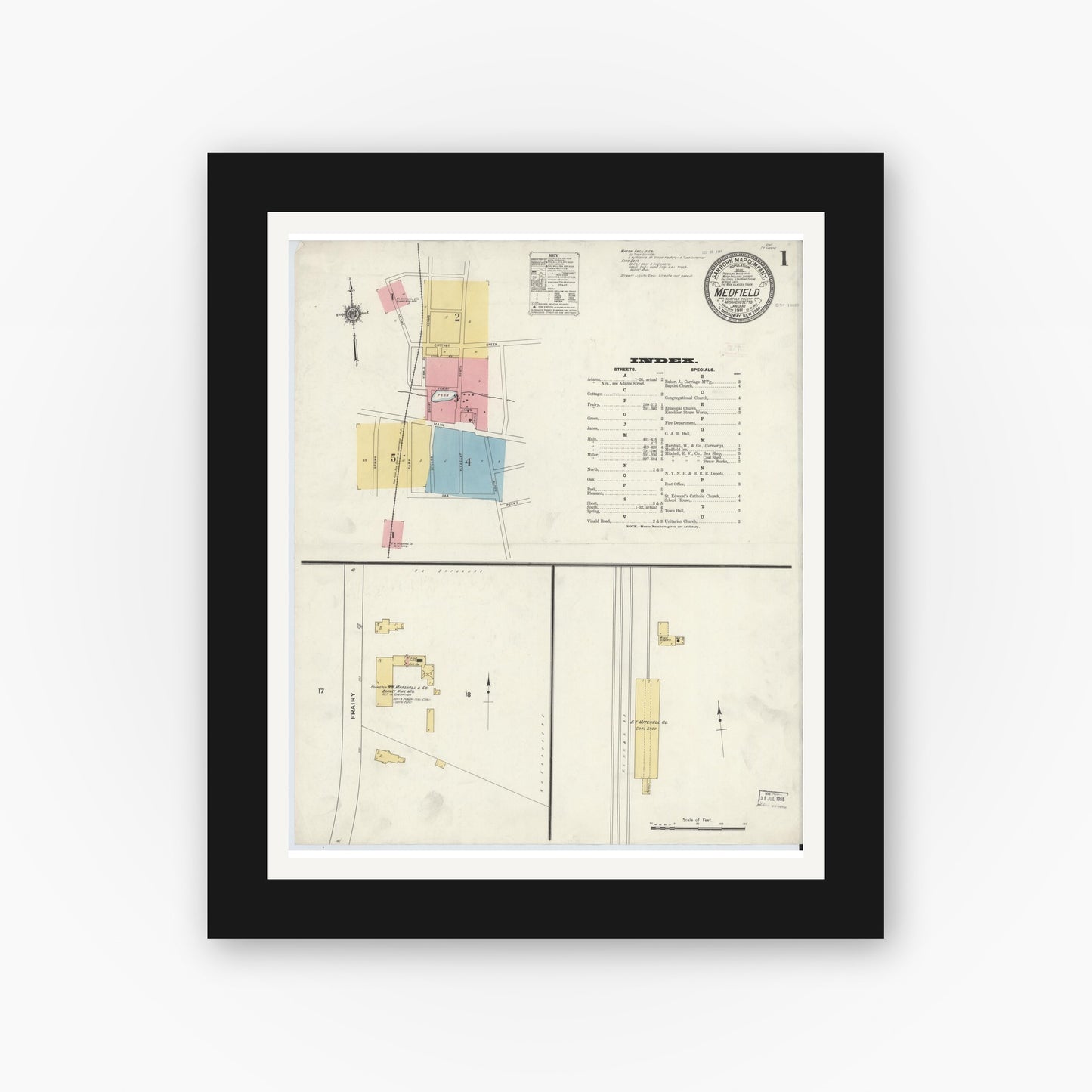 Old map wall art mockup — black gallery frame with white mat — Sanborn Fire Insurance Map from Medfield, Norfolk County, Massachusetts (1911) - Complete Map Set
