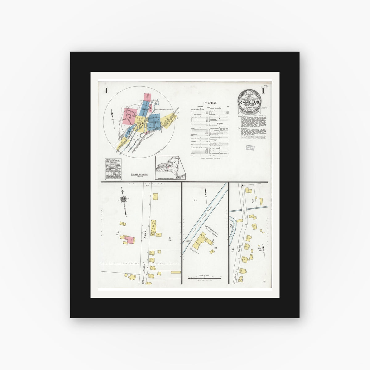 Old map wall art mockup — black gallery frame with white mat — Sanborn Fire Insurance Map from Camillus, Onondaga County, New York (1927) - Complete Map Set