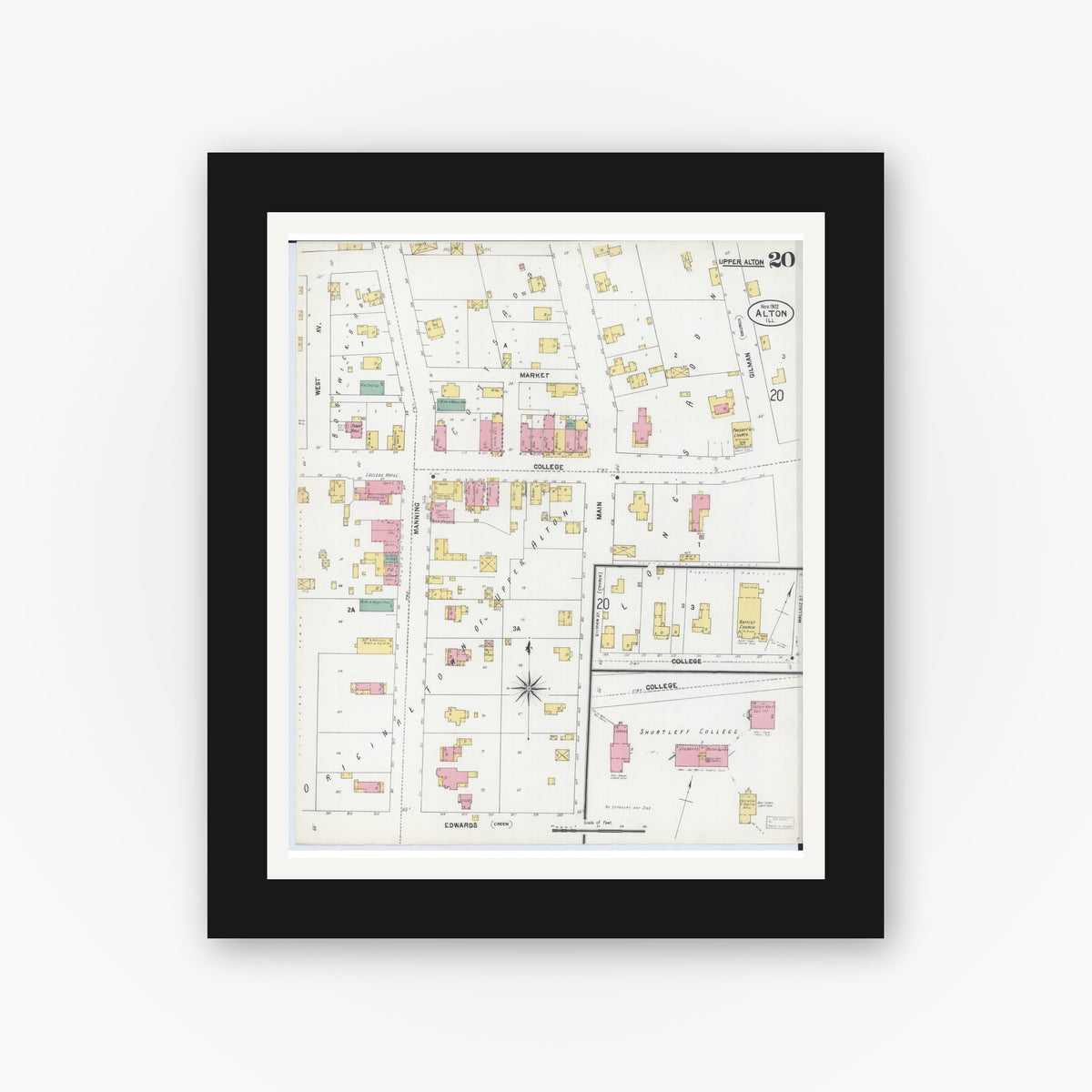Old map wall art mockup — black gallery frame with white mat — Sanborn Fire Insurance Map from Alton, Madison County, Illinois (1902), Sheet #0020