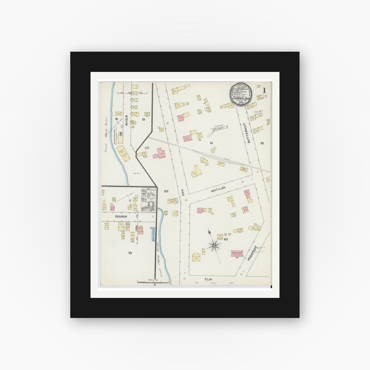 Old map wall art mockup — black gallery frame with white mat — Sanborn Fire Insurance Map from Champlain, Clinton County, New York (1891) - Complete Map Set
