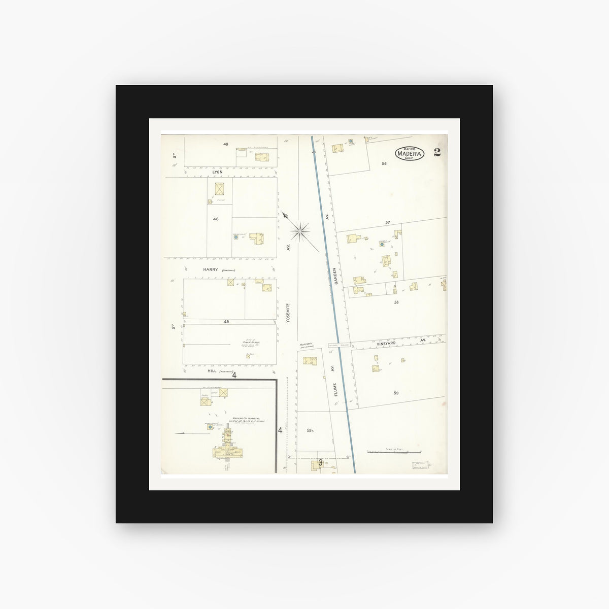 Old map wall art mockup — black gallery frame with white mat — Sanborn Fire Insurance Map from Madera, Madera County, California (1898), Sheet #0002