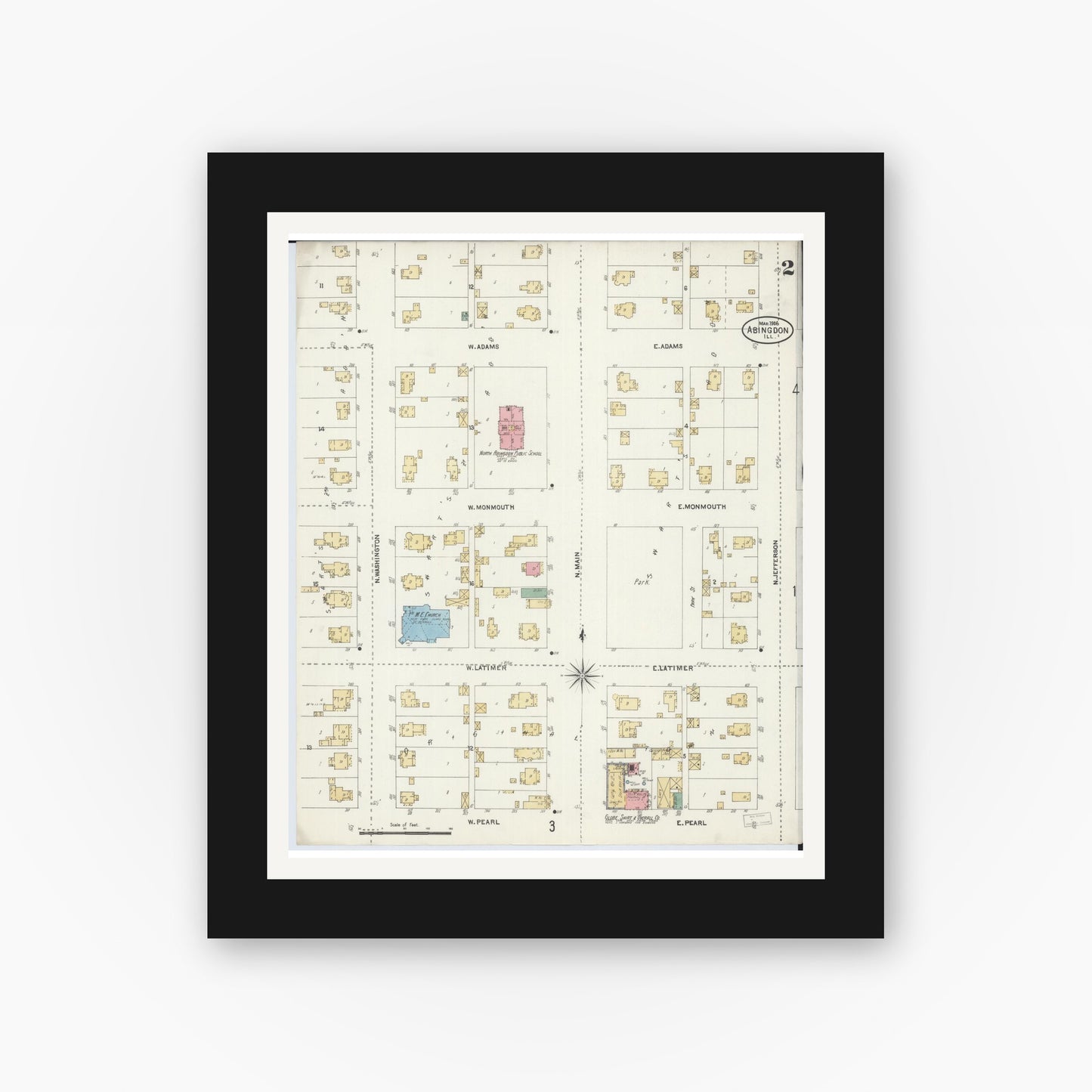 Old map wall art mockup — black gallery frame with white mat — Sanborn Fire Insurance Map from Abingdon, Knox County, Illinois (1906), Sheet #0002