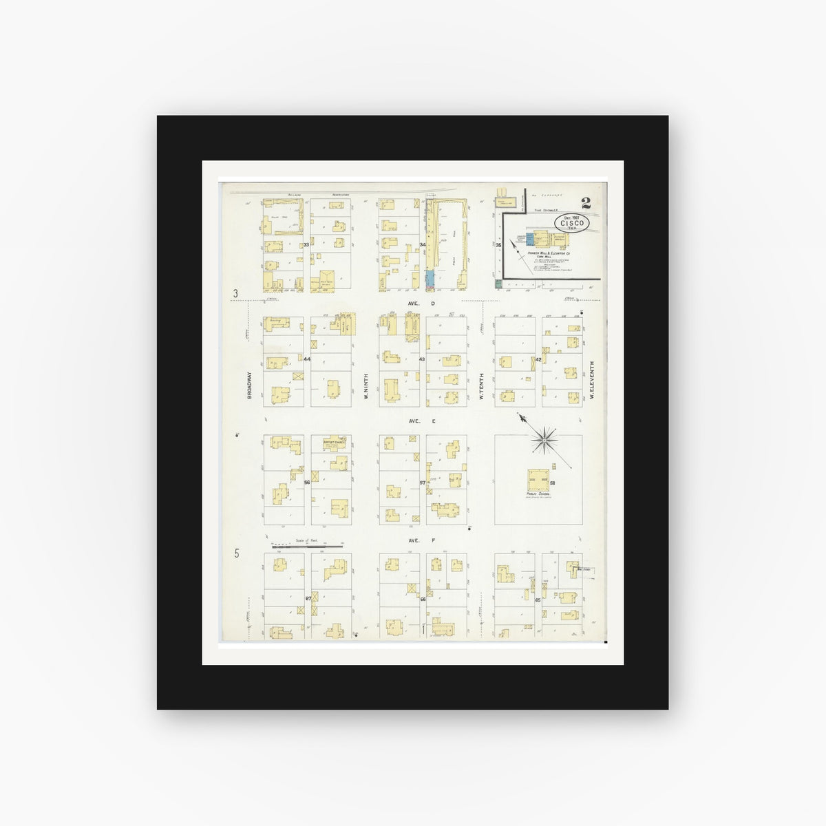 Old map wall art mockup — black gallery frame with white mat — Sanborn Fire Insurance Map from Cisco, Eastland County, Texas (1907), Sheet #0002