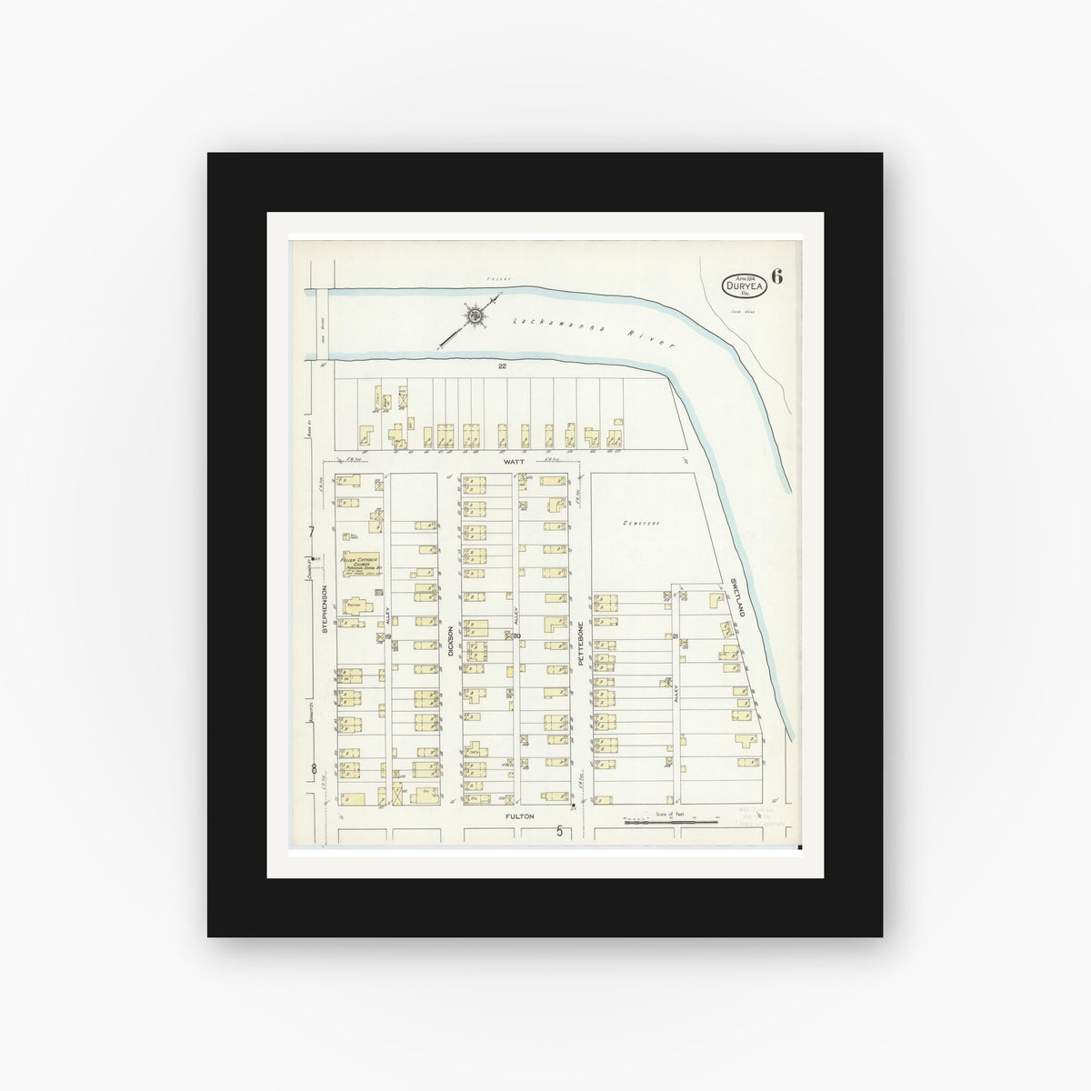 Old map wall art mockup β black gallery frame with white mat β Sanborn Fire Insurance Map from Duryea, Luzerne County, Pennsylvania (1914), Sheet #0006