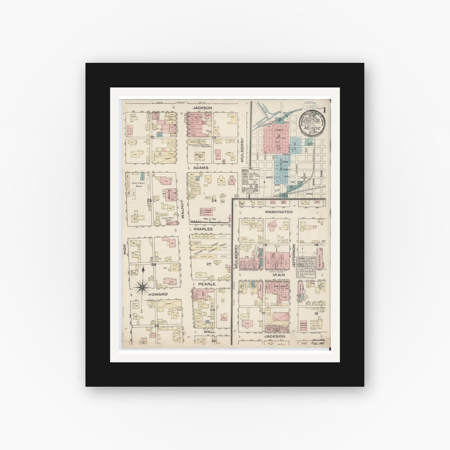 Old map wall art mockup — black gallery frame with white mat — Sanborn Fire Insurance Map from Muncie, Delaware County, Indiana (1883) - Complete Map Set