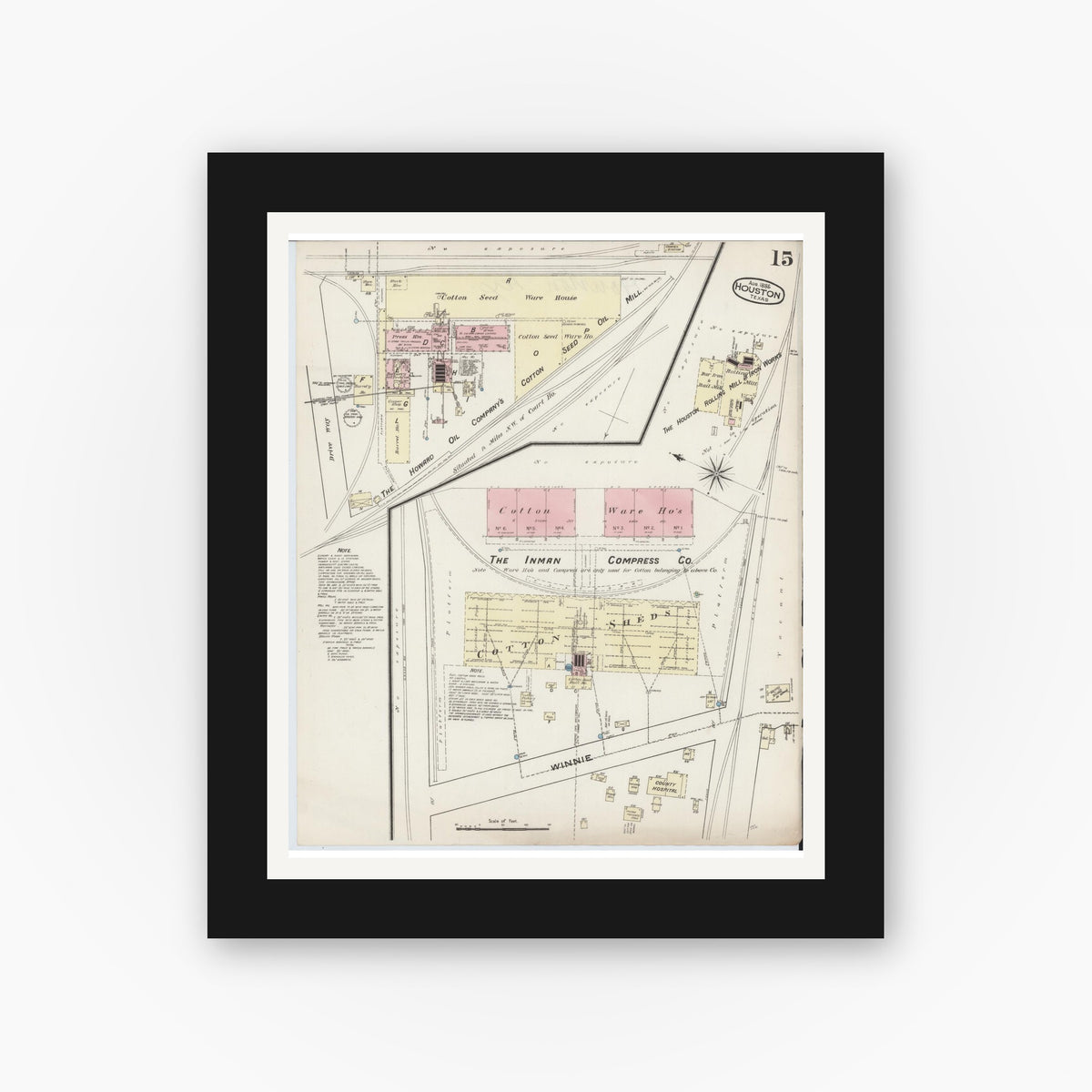 Old map wall art mockup — black gallery frame with white mat — Sanborn Fire Insurance Map from Houston, Harris County, Texas (1885), Sheet #0015