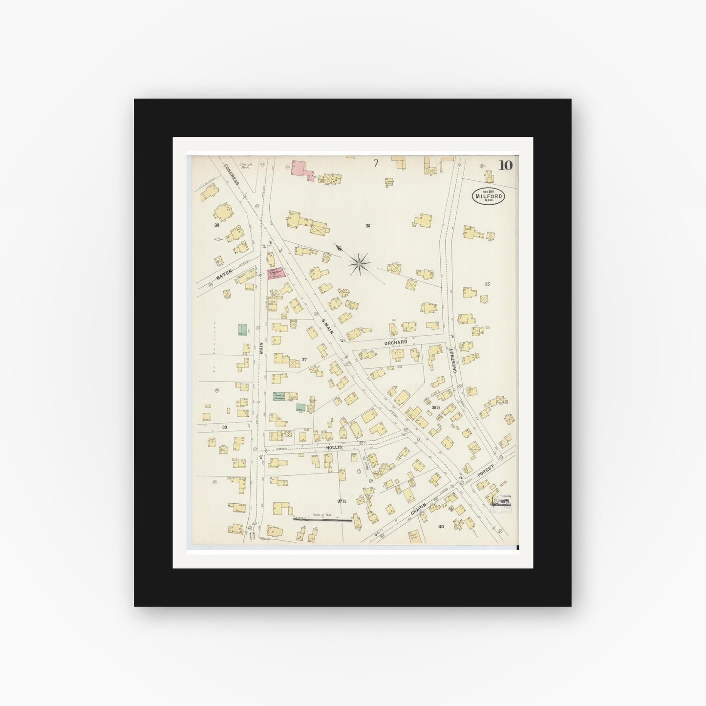 Old map wall art mockup — black gallery frame with white mat — Sanborn Fire Insurance Map from Milford, Worcester County, Massachusetts (1897), Sheet #0010