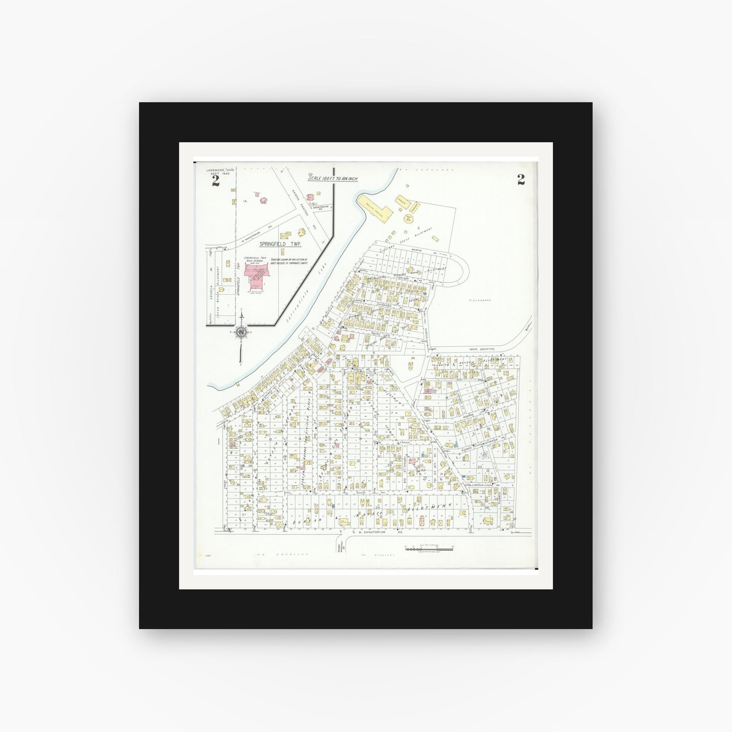 Old map wall art mockup — black gallery frame with white mat — Sanborn Fire Insurance Map from Lakemore, Summit County, Ohio (1940), Sheet #0002