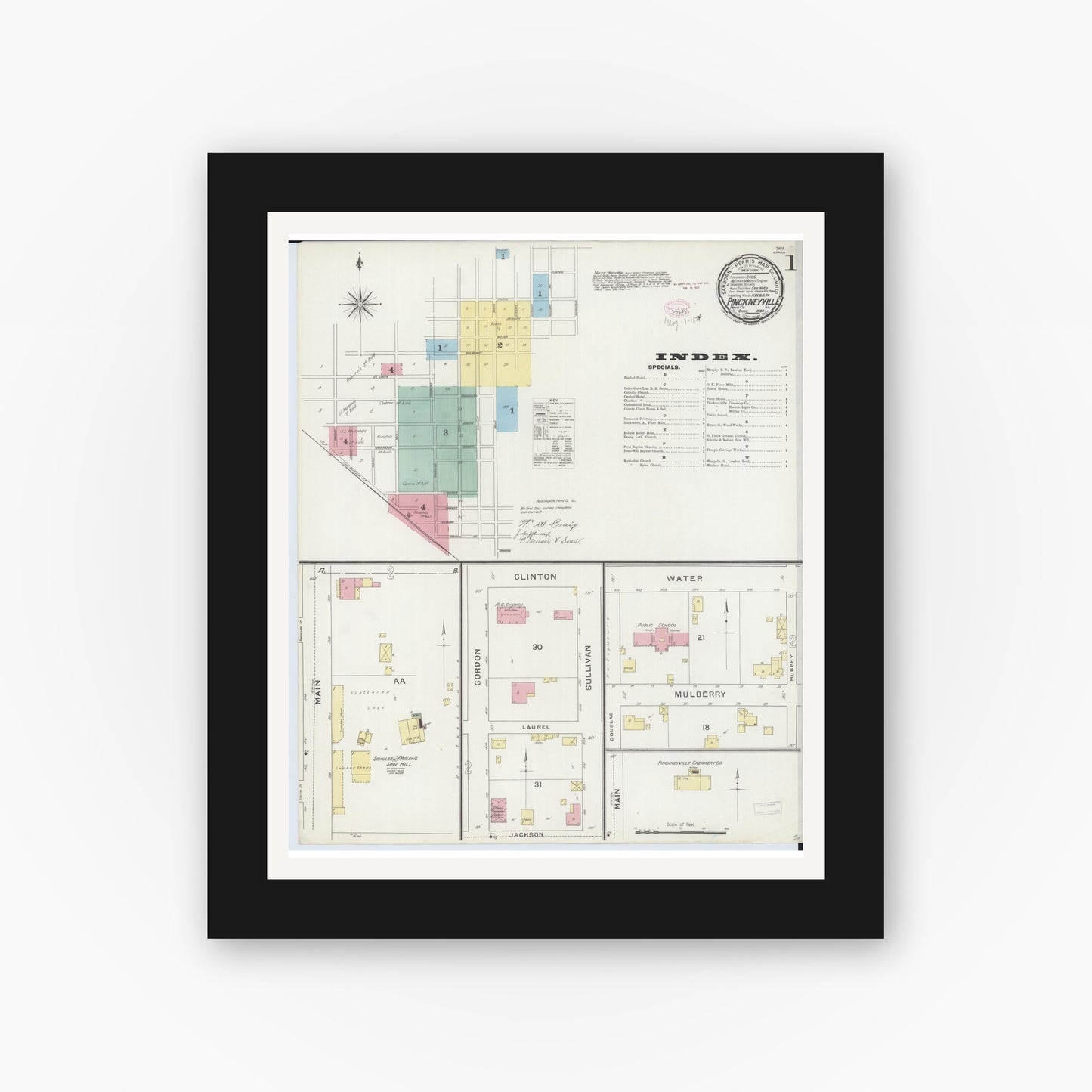 Old map wall art mockup — black gallery frame with white mat — Sanborn Fire Insurance Map from Pinckneyville, Perry County, Illinois (1894) - Complete Map Set