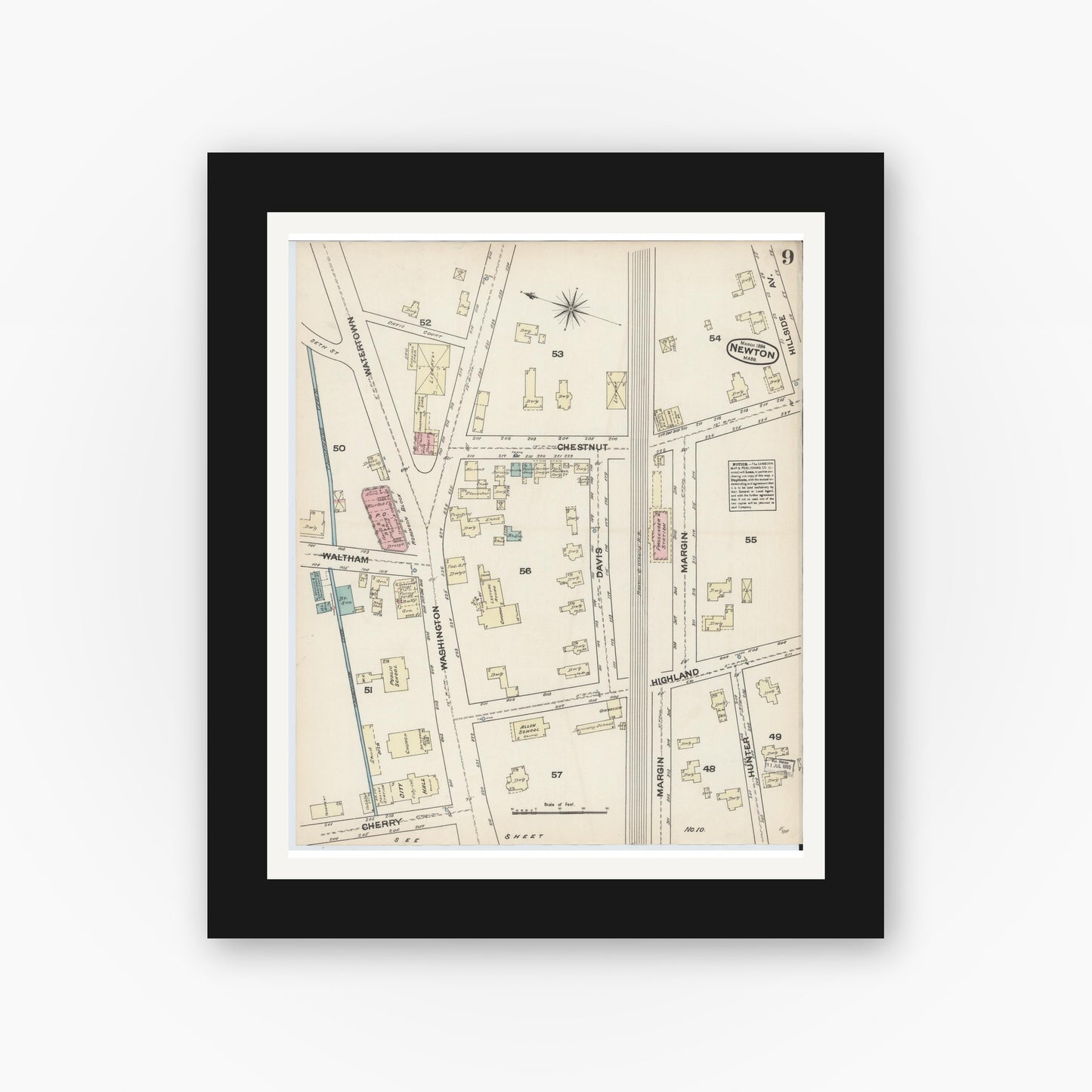 Old map wall art mockup — black gallery frame with white mat — Sanborn Fire Insurance Map from Newton, Middlesex County, Massachusetts (1884), Sheet #0009