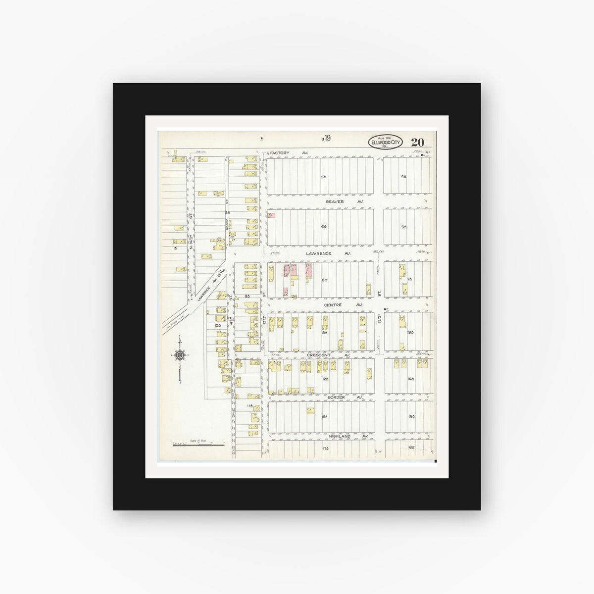 Old map wall art mockup — black gallery frame with white mat — Sanborn Fire Insurance Map from Ellwood City, Lawrence County, Pennsylvania (1914), Sheet #0020