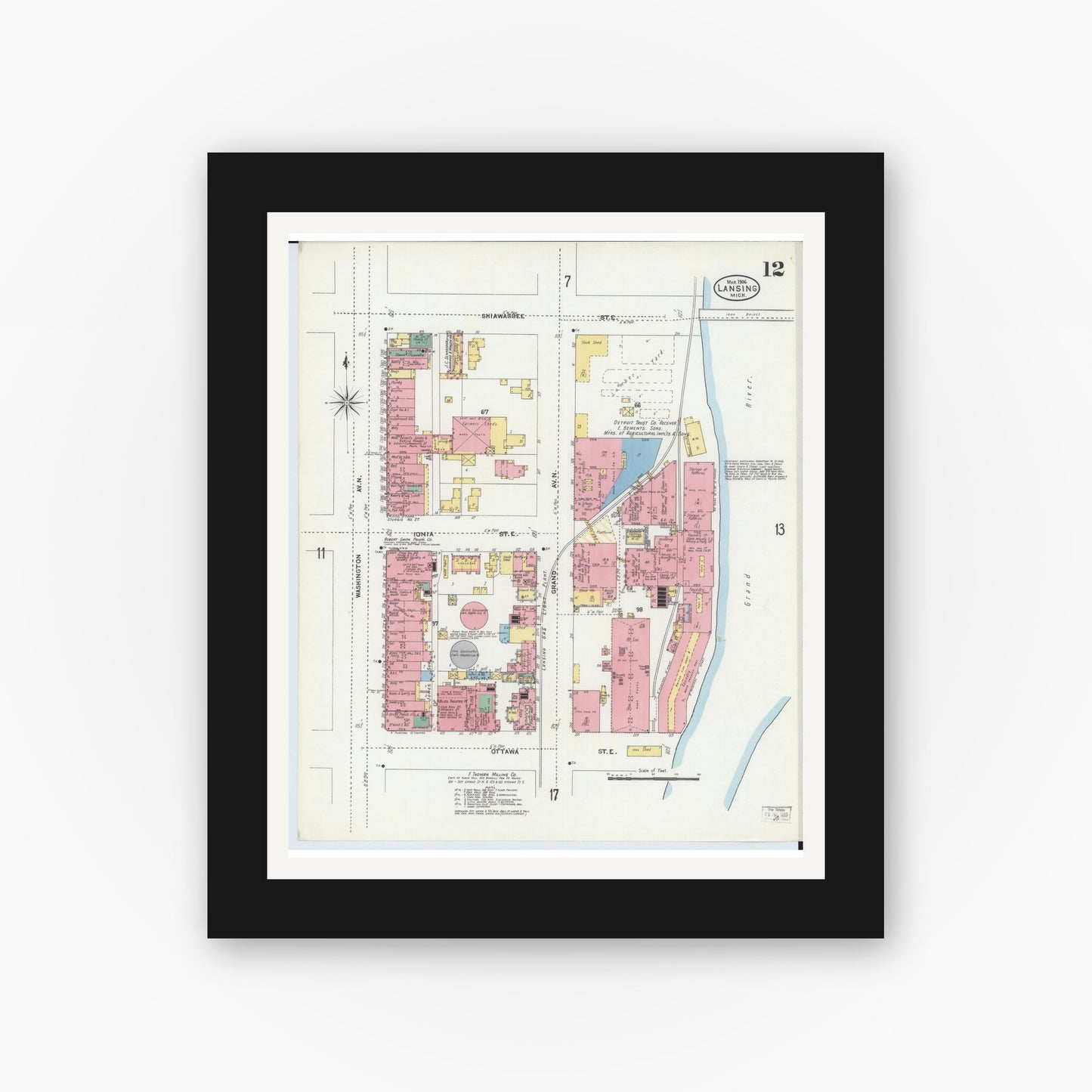 Old map wall art mockup — black gallery frame with white mat — Sanborn Fire Insurance Map from Lansing, Ingham County, Michigan (1906), Sheet #0012