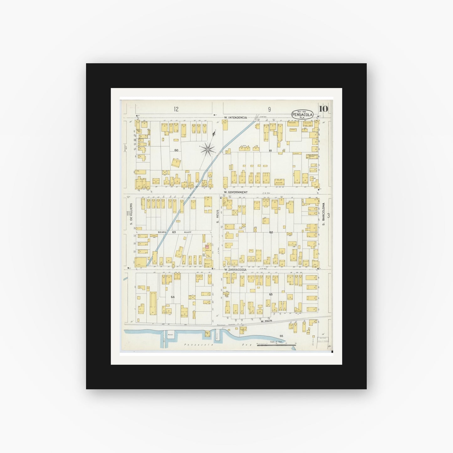 Old map wall art mockup — black gallery frame with white mat — Sanborn Fire Insurance Map from Pensacola, Escambia County, Florida (1903), Sheet #0010