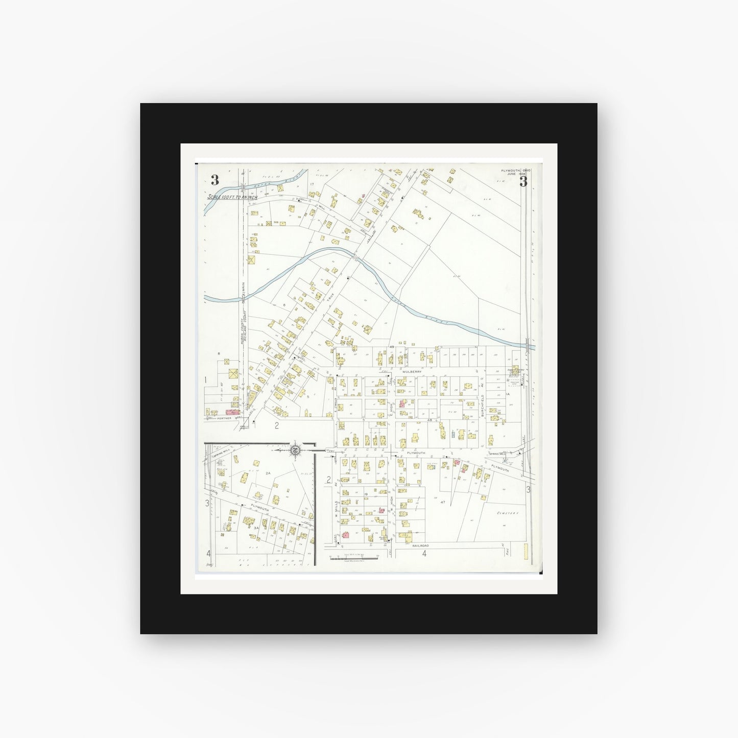 Old map wall art mockup — black gallery frame with white mat — Sanborn Fire Insurance Map from Plymouth, Huron And Richland Counties, Ohio (1938), Sheet #0003