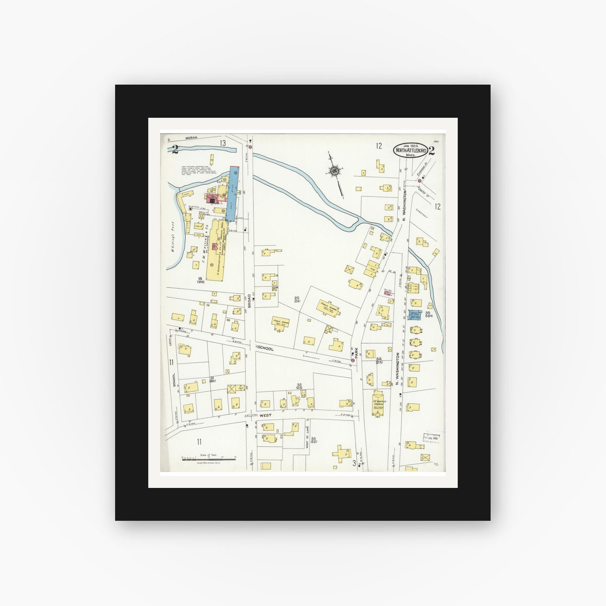 Old map wall art mockup — black gallery frame with white mat — Sanborn Fire Insurance Map from North Attleborough, Bristol County, Massachusetts (1924), Sheet #0002