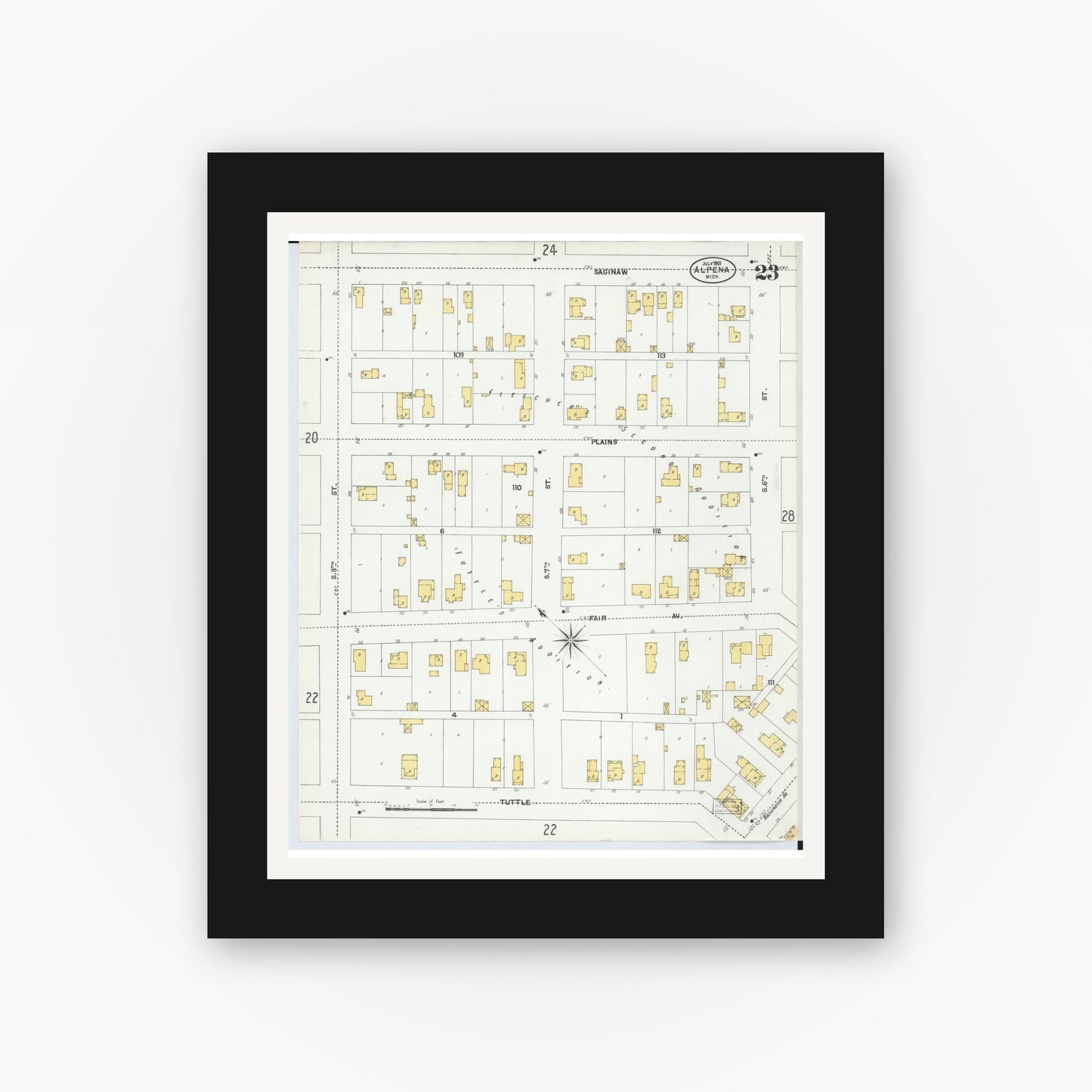 Old map wall art mockup — black gallery frame with white mat — Sanborn Fire Insurance Map from Alpena, Alpena County, Michigan (1901), Sheet #0023