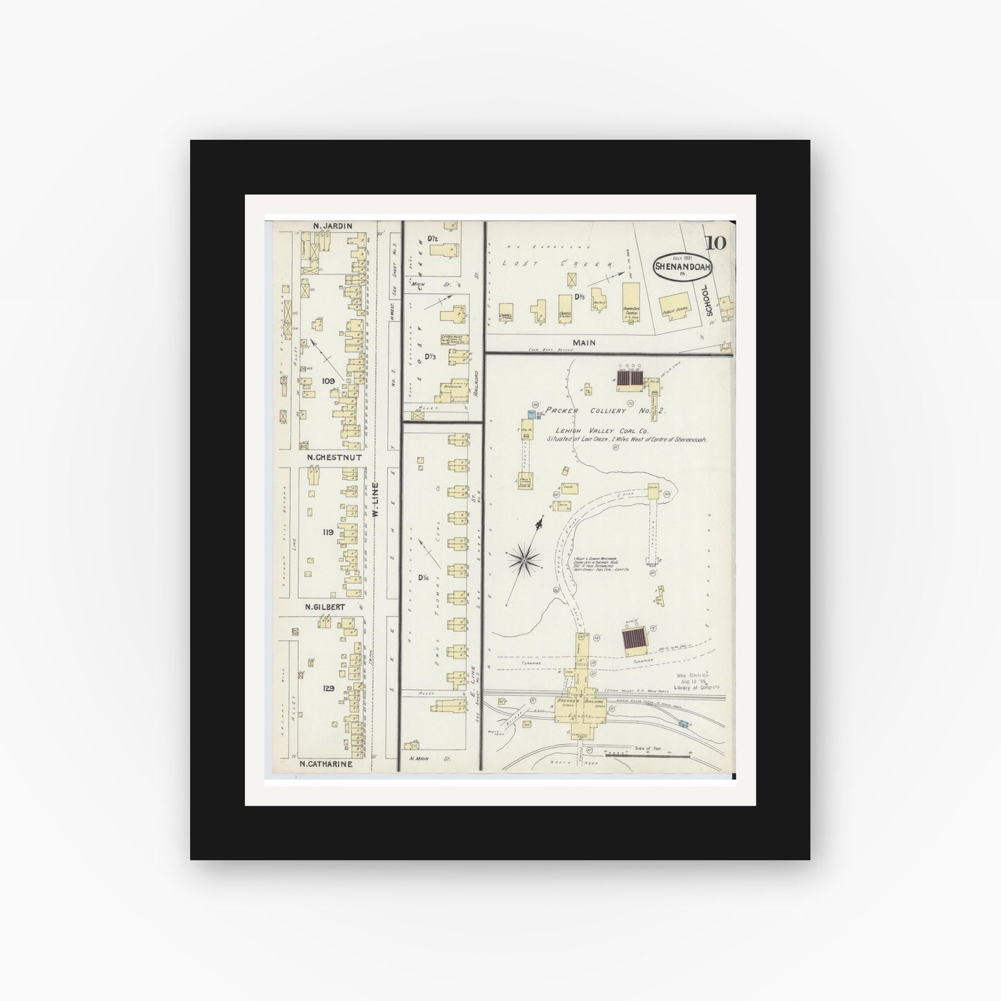 Old map wall art mockup — black gallery frame with white mat — Sanborn Fire Insurance Map from Shenandoah, Schuylkill County, Pennsylvania (1891), Sheet #0010