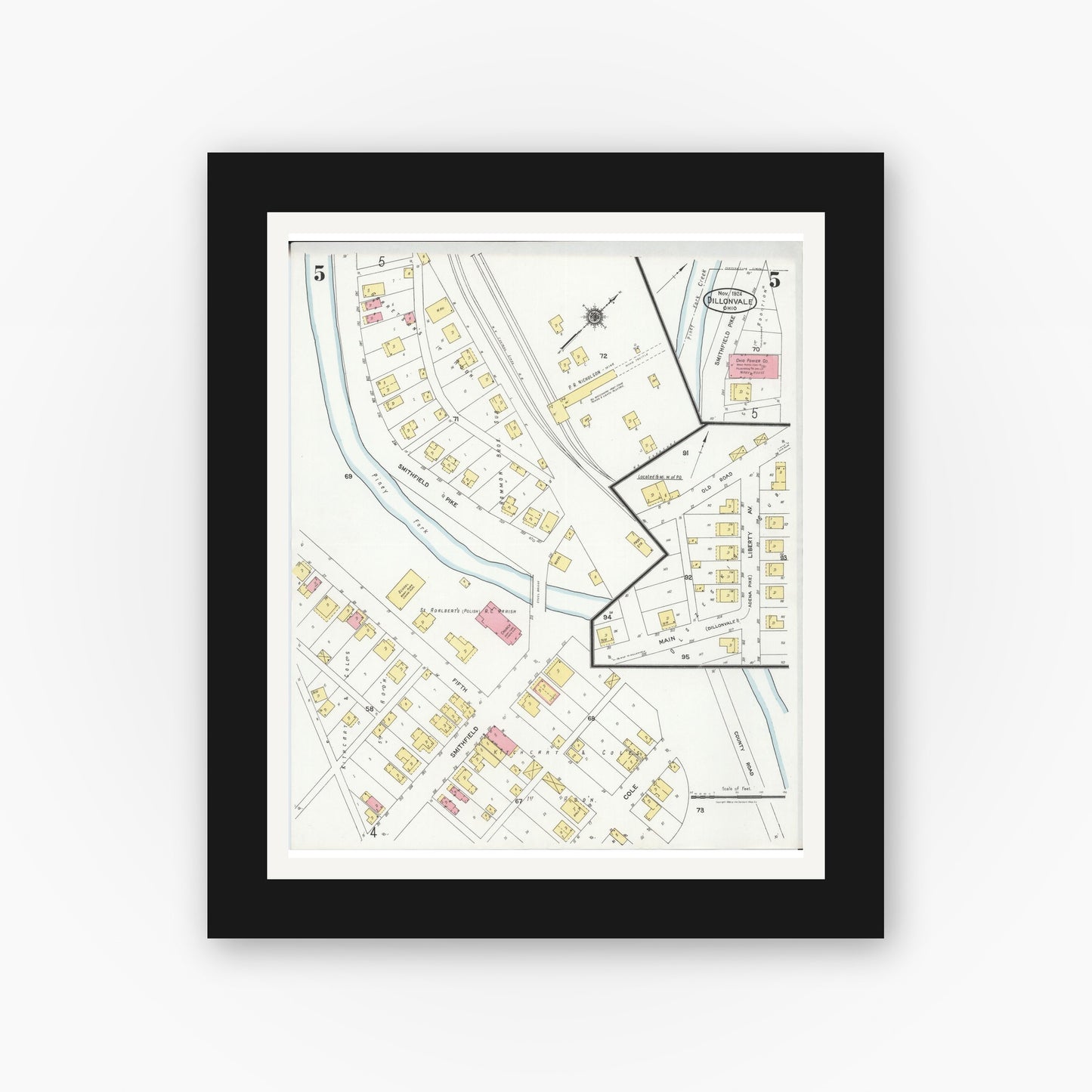 Old map wall art mockup — black gallery frame with white mat — Sanborn Fire Insurance Map from Dillonvale, Jefferson County, Ohio (1924), Sheet #0005