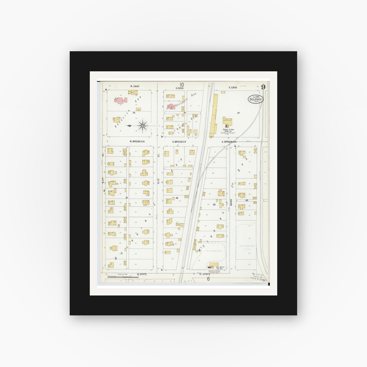 Old map wall art mockup — black gallery frame with white mat — Sanborn Fire Insurance Map from Delphos, Van Wert And Allen Counties, Ohio (1899), Sheet #0009