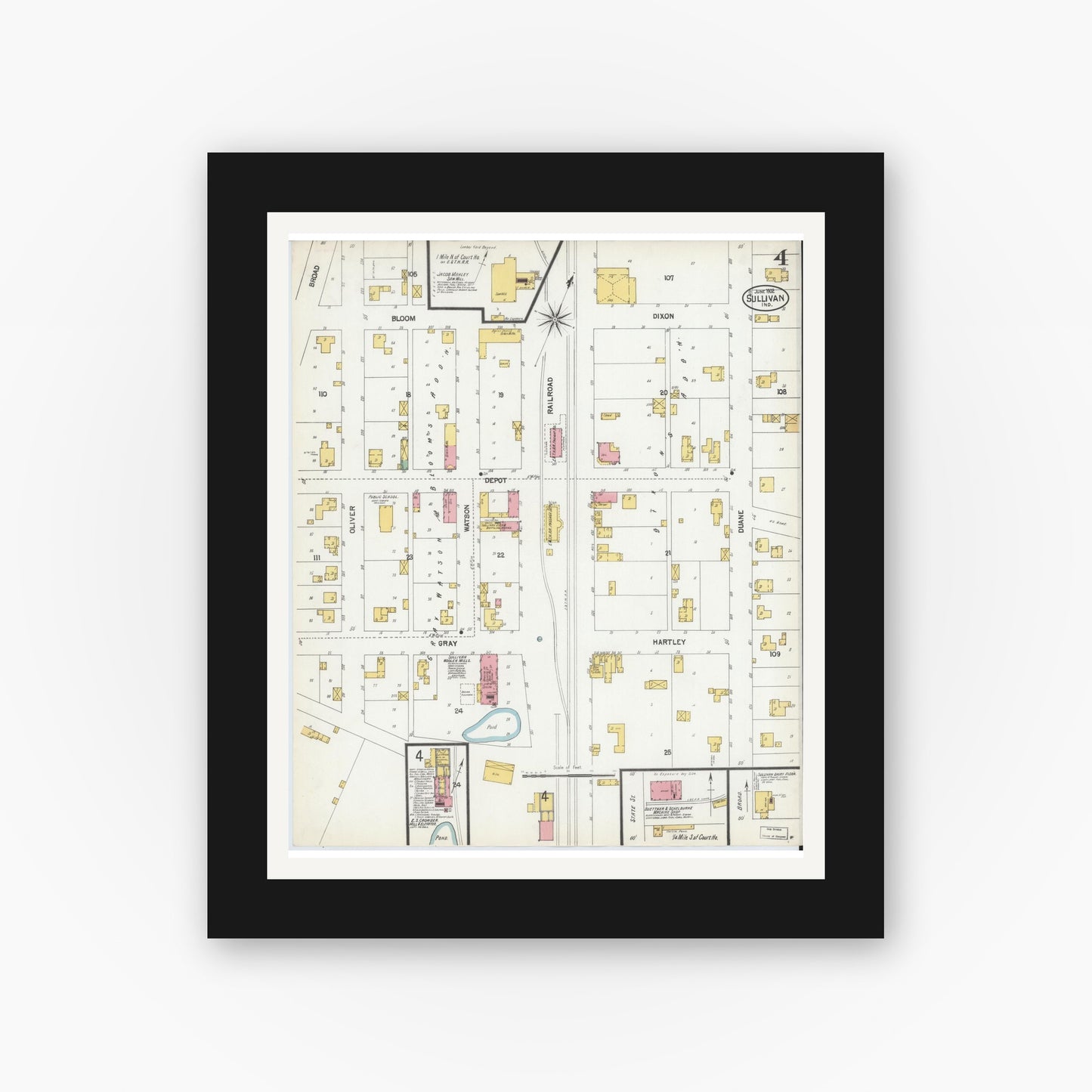 Old map wall art mockup — black gallery frame with white mat — Sanborn Fire Insurance Map from Sullivan, Sullivan County, Indiana (1902), Sheet #0004