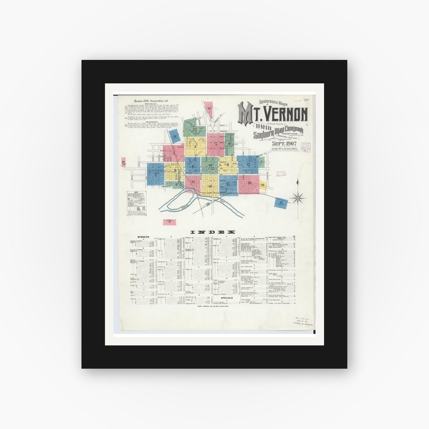 Old map wall art mockup — black gallery frame with white mat — Sanborn Fire Insurance Map from Mount Vernon, Knox County, Ohio (1907) - Complete Map Set