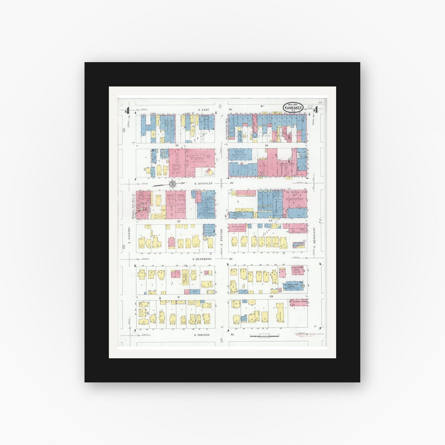 Old map wall art mockup — black gallery frame with white mat — Sanborn Fire Insurance Map from Kankakee, Kankakee County, Illinois (1930), Sheet #0004