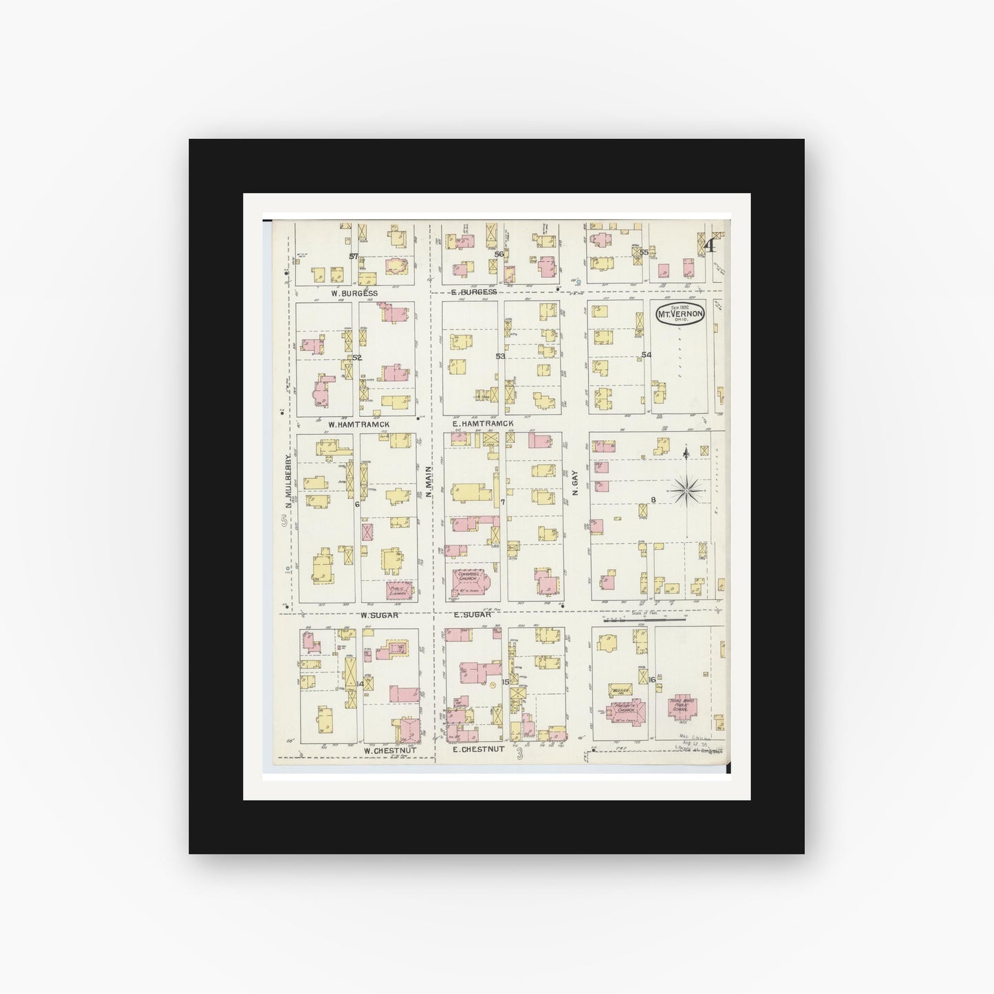 Old map wall art mockup — black gallery frame with white mat — Sanborn Fire Insurance Map from Mount Vernon, Knox County, Ohio (1892), Sheet #0004