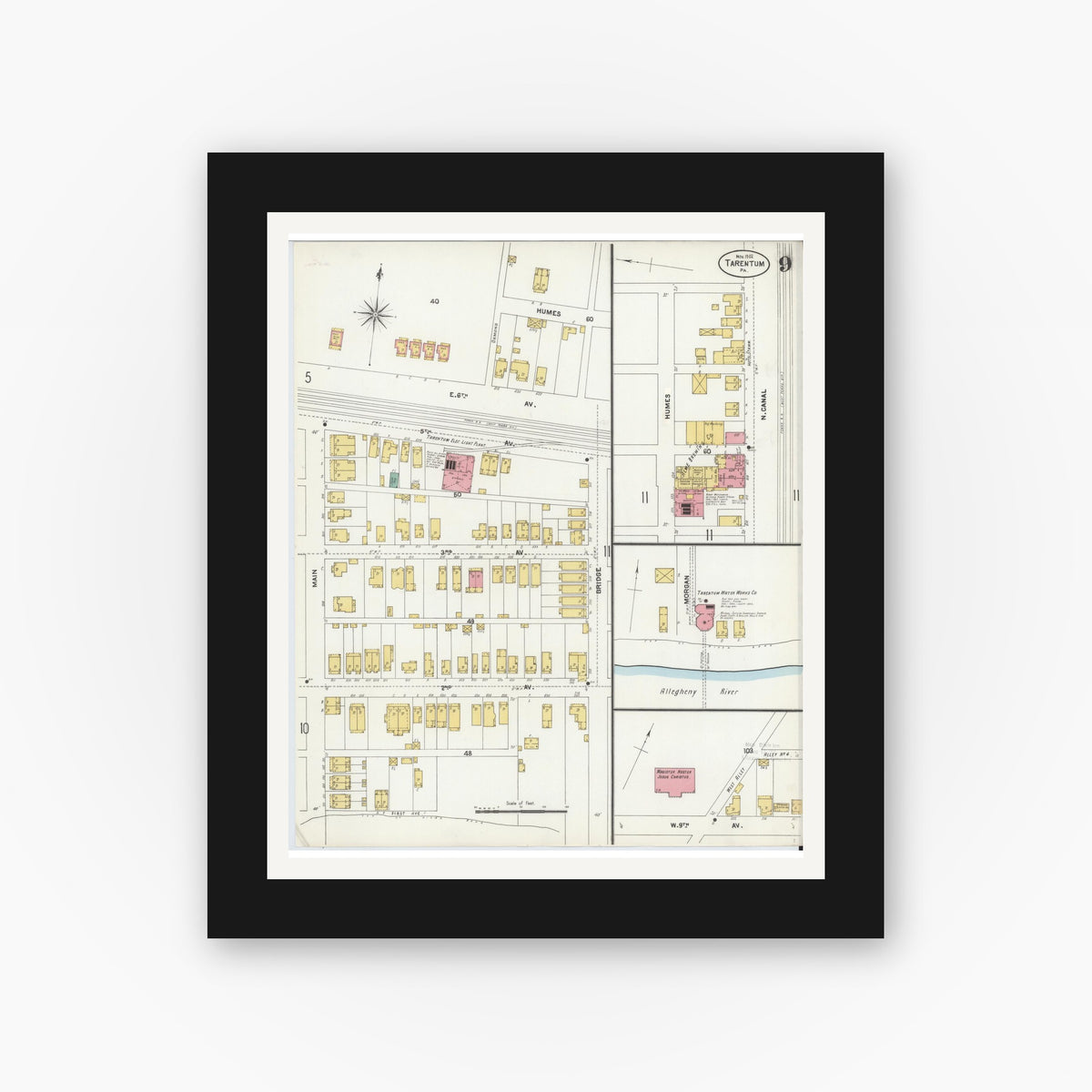 Old map wall art mockup — black gallery frame with white mat — Sanborn Fire Insurance Map from Tarentum, Allegheny County, Pennsylvania (1902), Sheet #0009