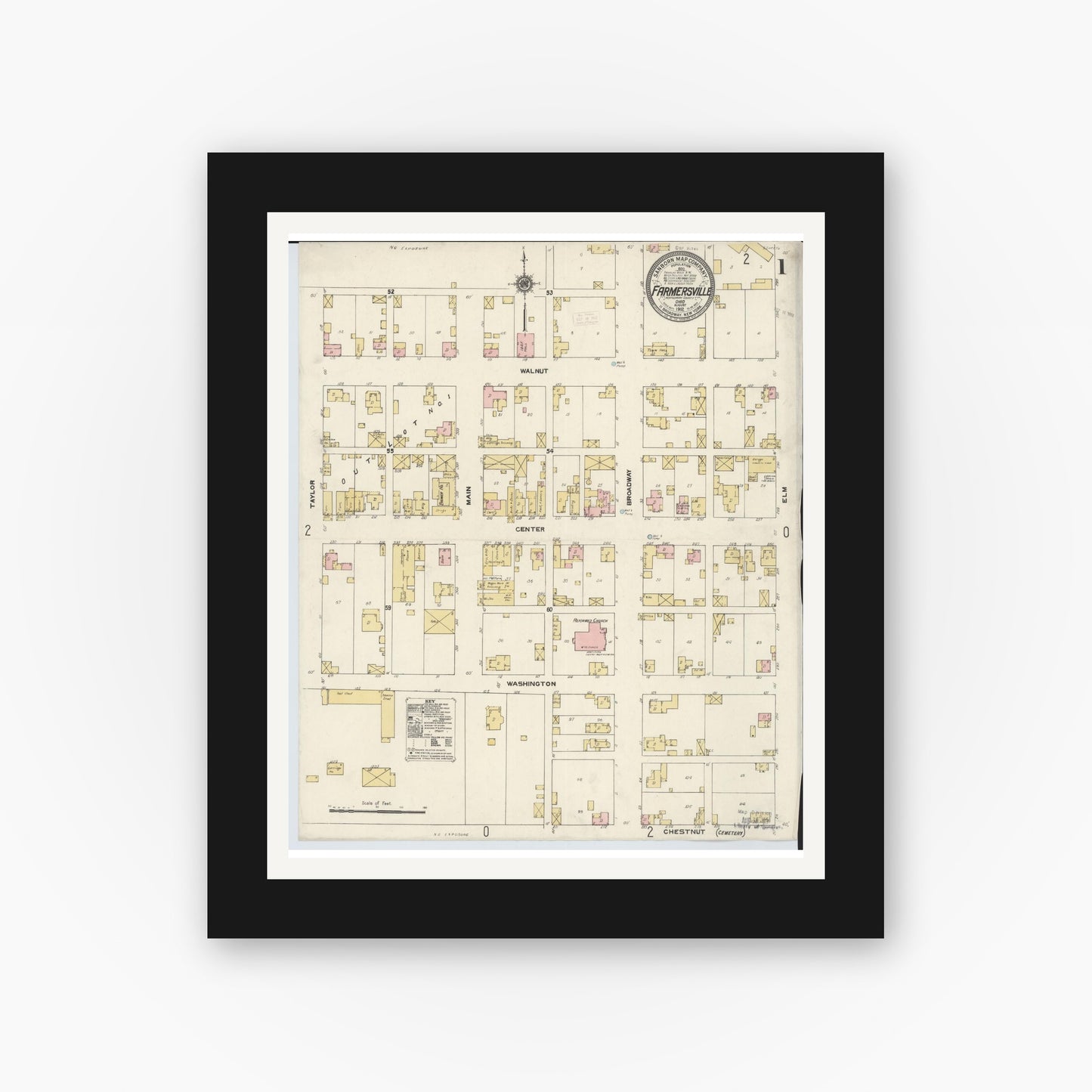 Old map wall art mockup — black gallery frame with white mat — Sanborn Fire Insurance Map from Farmersville, Montogomery County, Ohio (1912) - Complete Map Set