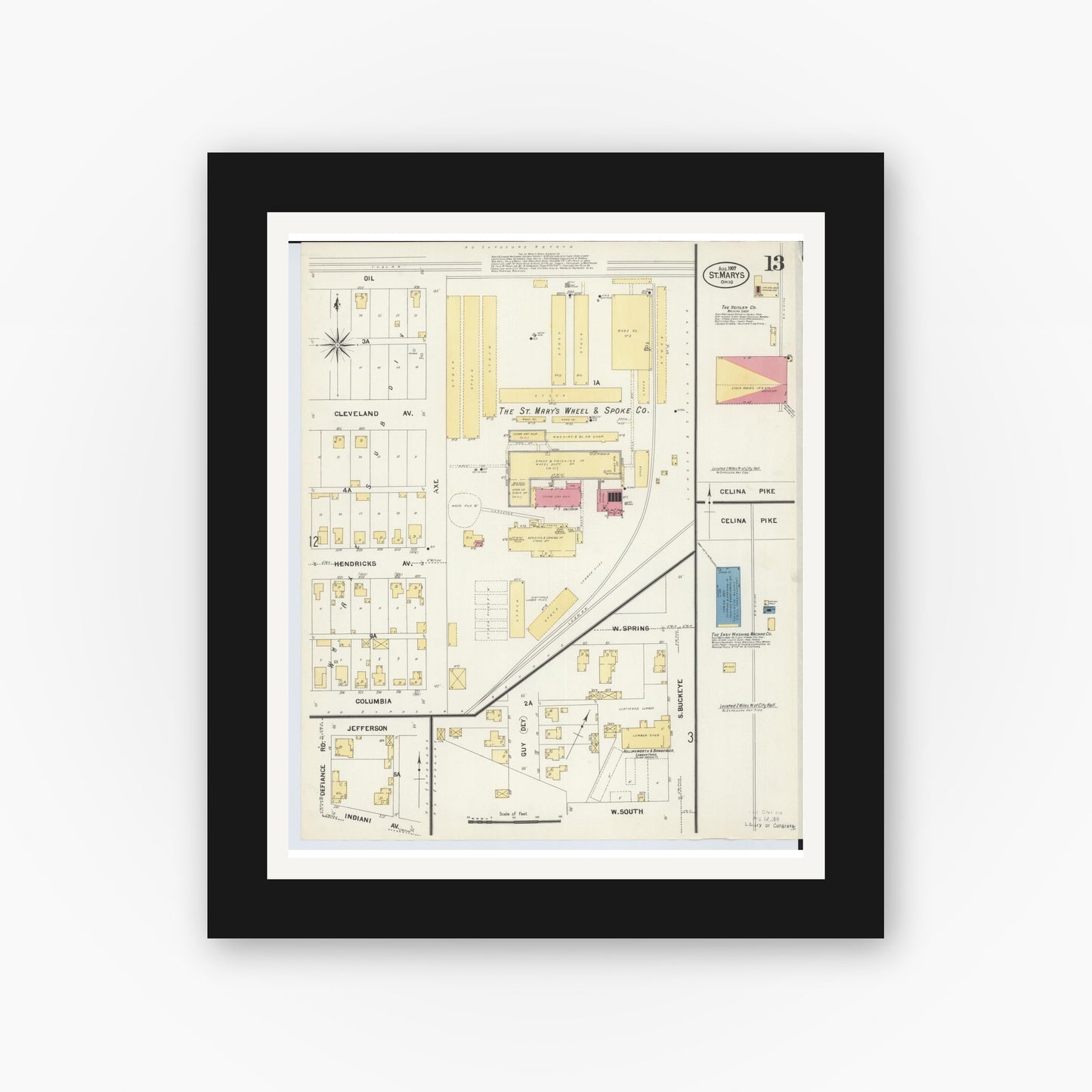 Old map wall art mockup — black gallery frame with white mat — Sanborn Fire Insurance Map from Saint Marys, Auglaize County, Ohio (1907), Sheet #0013