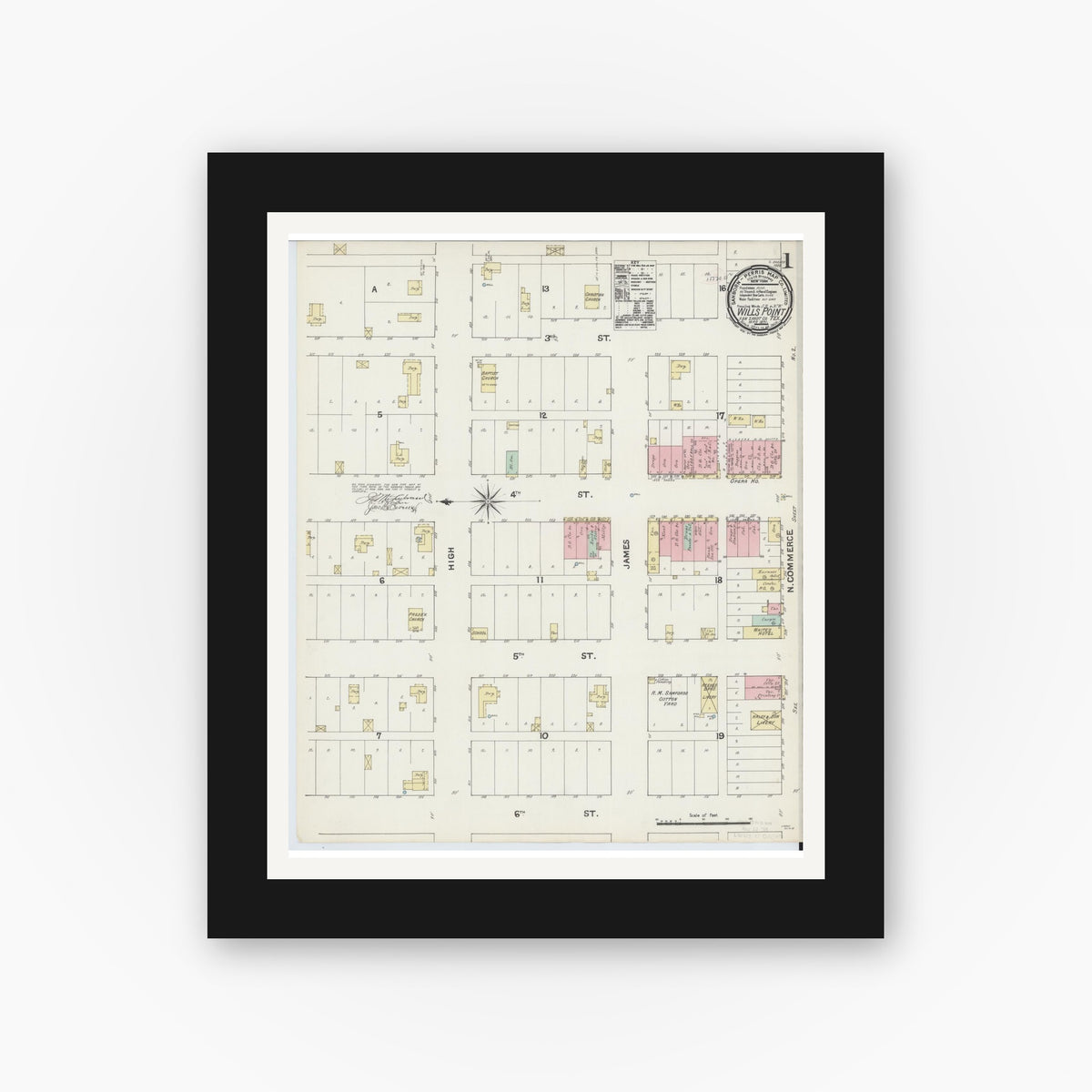 Old map wall art mockup — black gallery frame with white mat — Sanborn Fire Insurance Map from Wills Point, Van Zandt County, Texas (1891), Sheet #0001