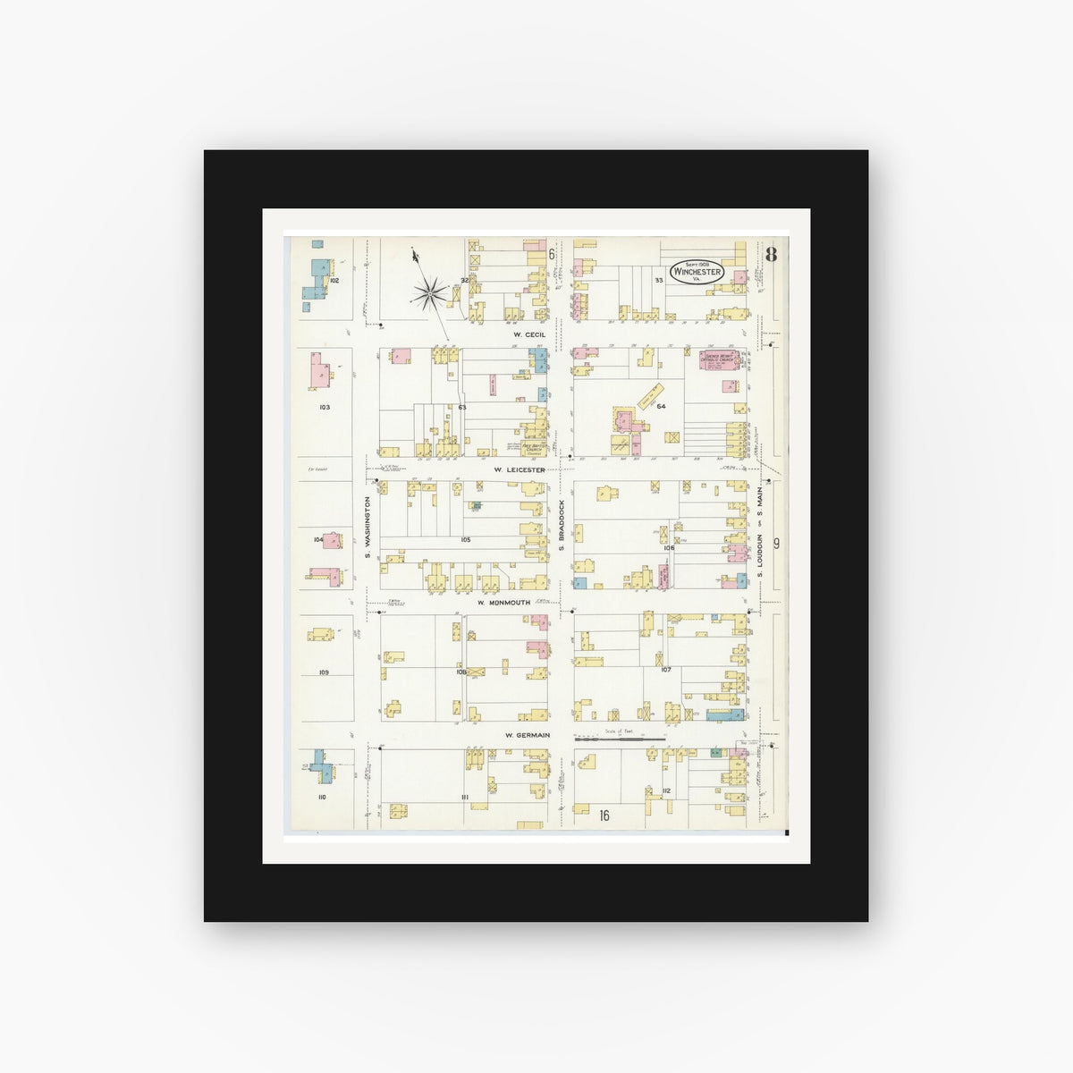 Old map wall art mockup — black gallery frame with white mat — Sanborn Fire Insurance Map from Winchester, Independent Cities, Virginia (1908), Sheet #0008