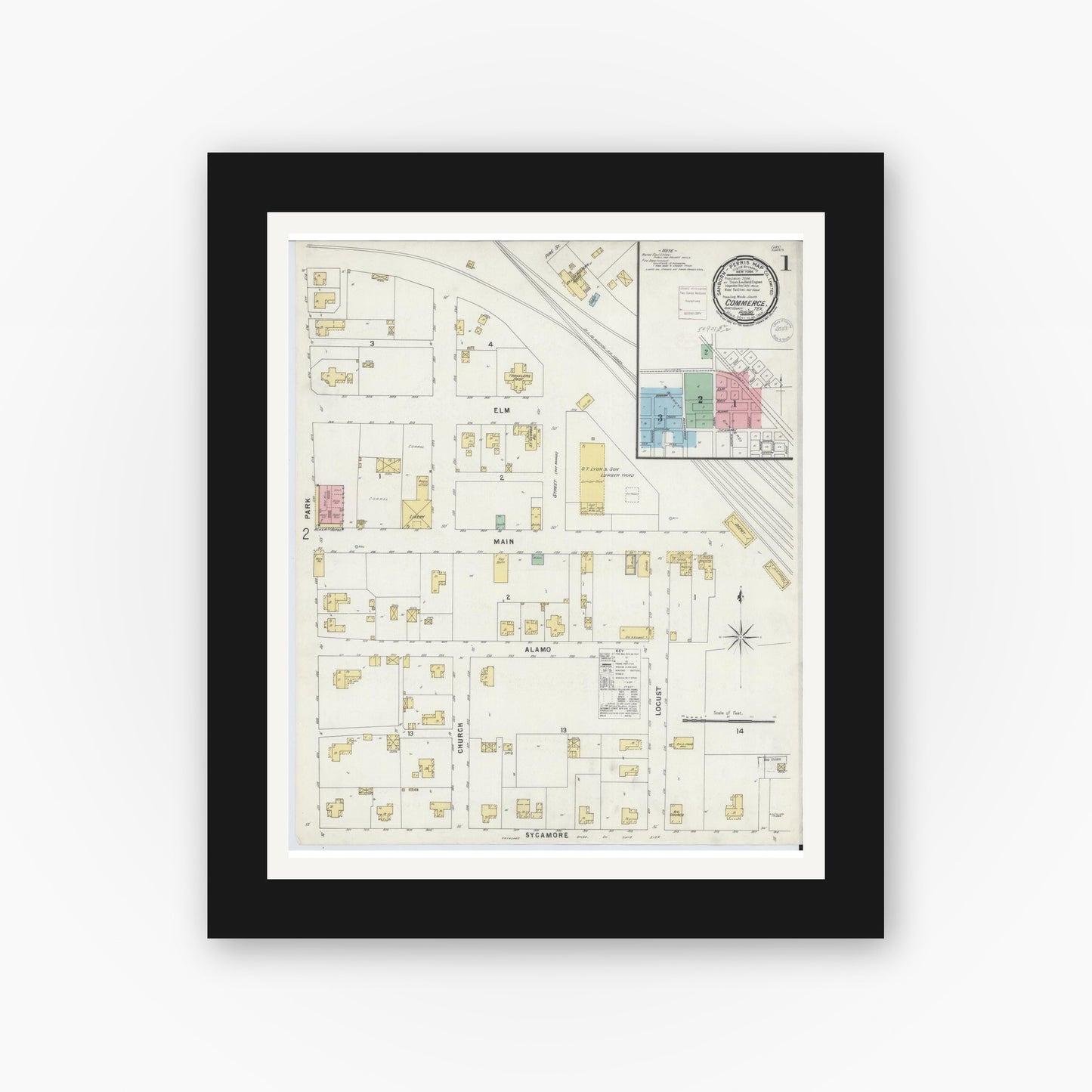 Old map wall art mockup — black gallery frame with white mat — Sanborn Fire Insurance Map from Commerce, Hunt County, Texas (1896), Sheet #0001