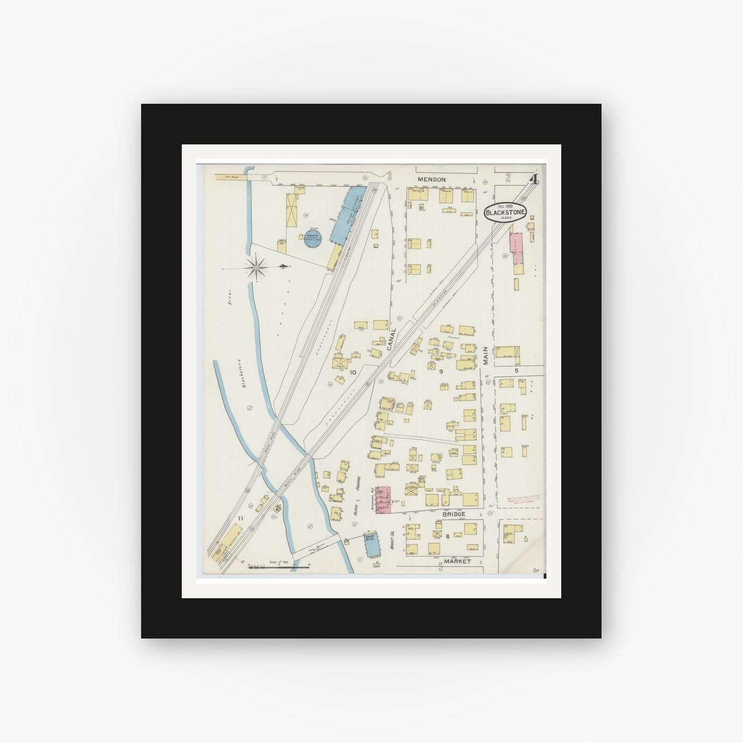 Old map wall art mockup — black gallery frame with white mat — Sanborn Fire Insurance Map from Blackstone, Worcester County, Massachusetts (1893), Sheet #0004