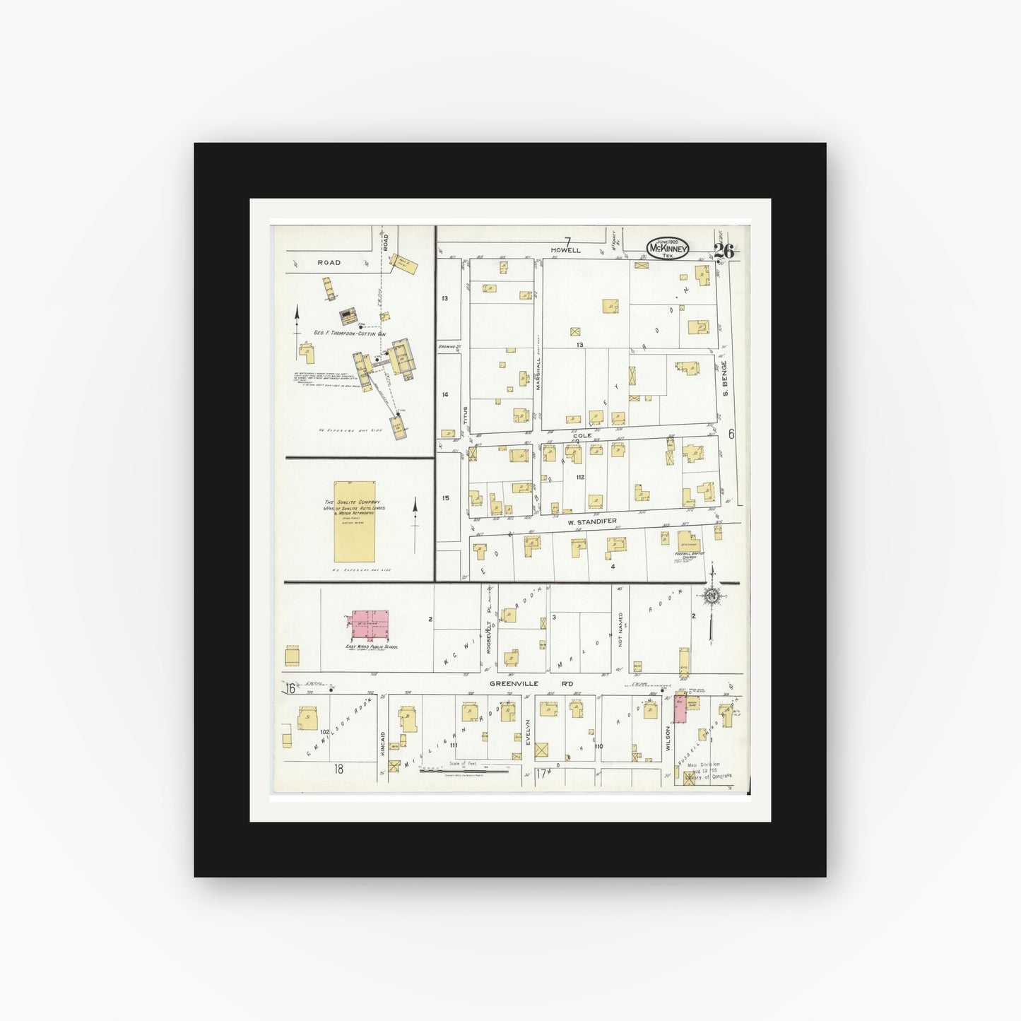 Old map wall art mockup — black gallery frame with white mat — Sanborn Fire Insurance Map from McKinney, Collin County, Texas (1920), Sheet #0026