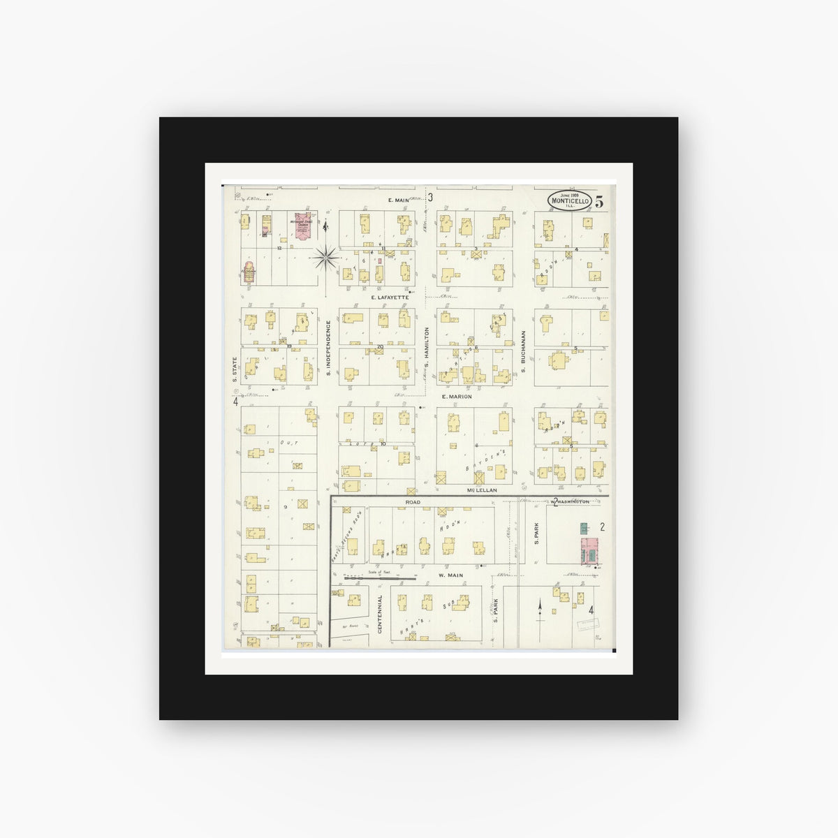 Old map wall art mockup — black gallery frame with white mat — Sanborn Fire Insurance Map from Monticello, Piatt County, Illinois (1909), Sheet #0005