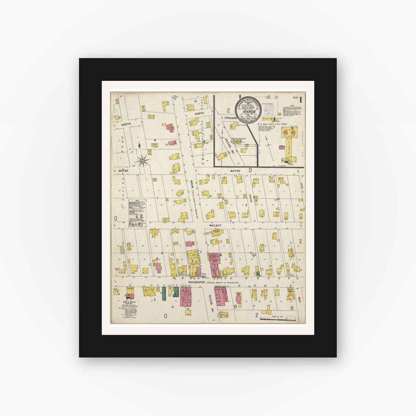 Old map wall art mockup — black gallery frame with white mat — Sanborn Fire Insurance Map from Akron, Fulton County, Indiana (1901), Sheet #0001