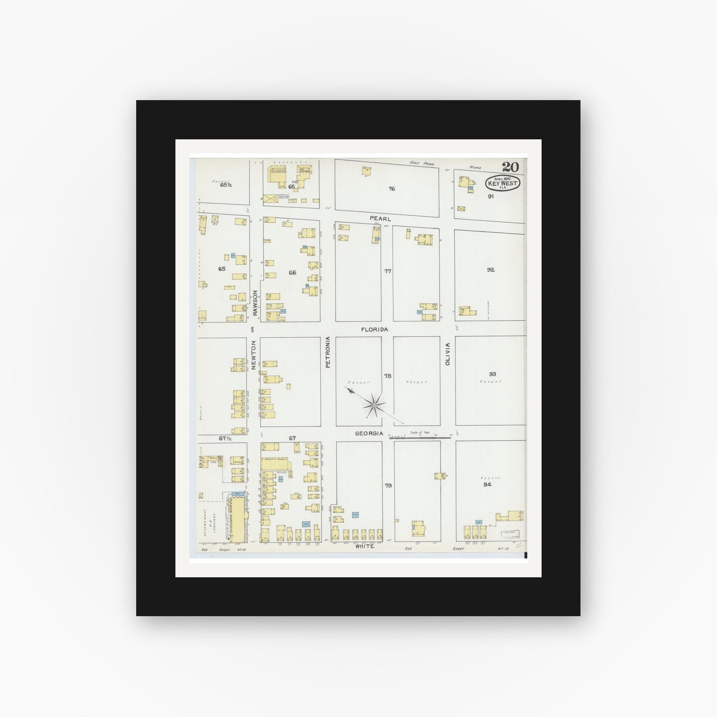 Old map wall art mockup — black gallery frame with white mat — Sanborn Fire Insurance Map from Key West, Monroe County, Florida (1892), Sheet #0020