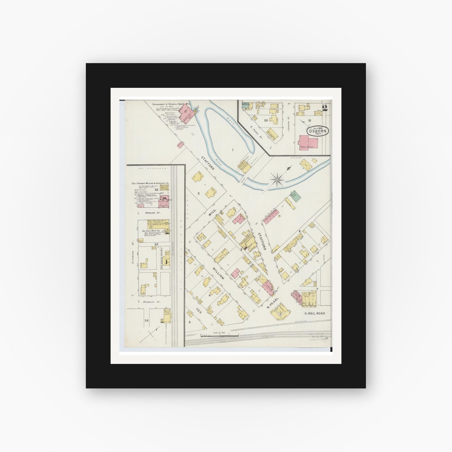 Old map wall art mockup — black gallery frame with white mat — Sanborn Fire Insurance Map from Osborn, Greene County, Ohio (1895), Sheet #0002