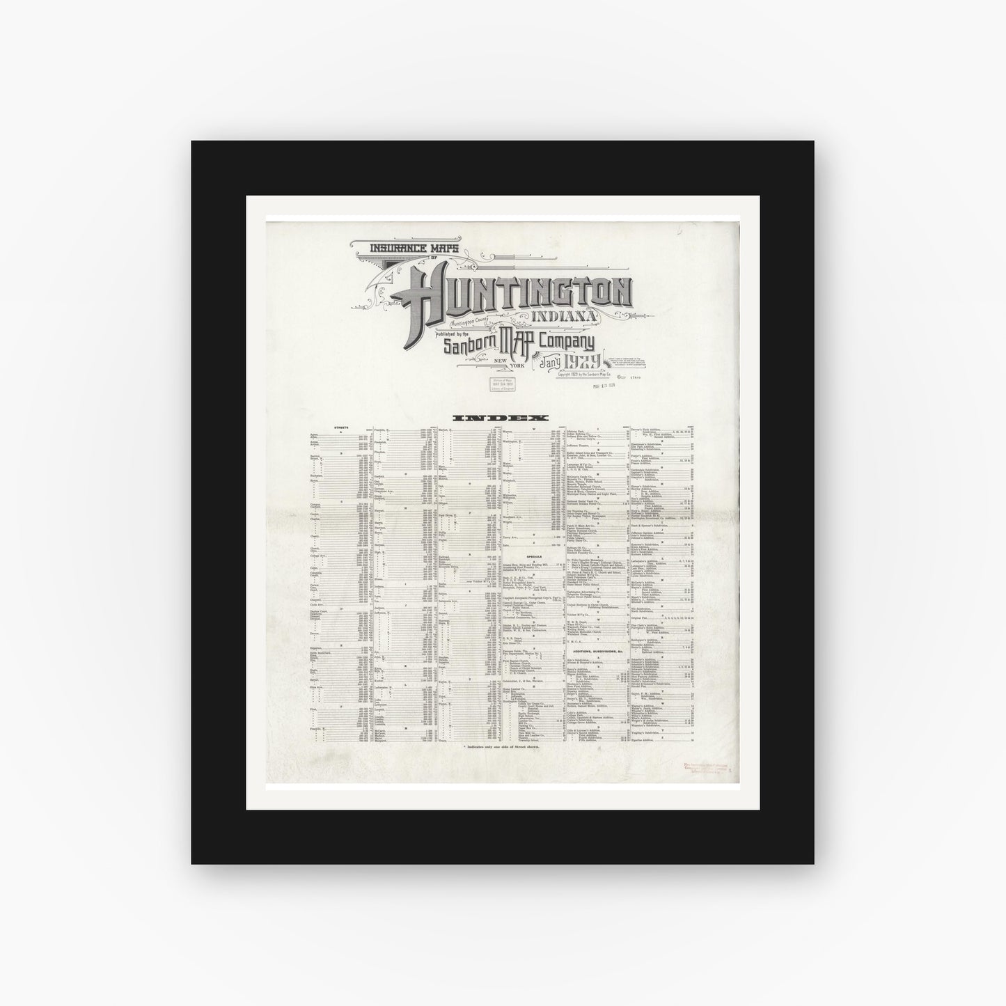 Old map wall art mockup — black gallery frame with white mat — Sanborn Fire Insurance Map from Huntington, Huntington County, Indiana (1929), Sheet #0001