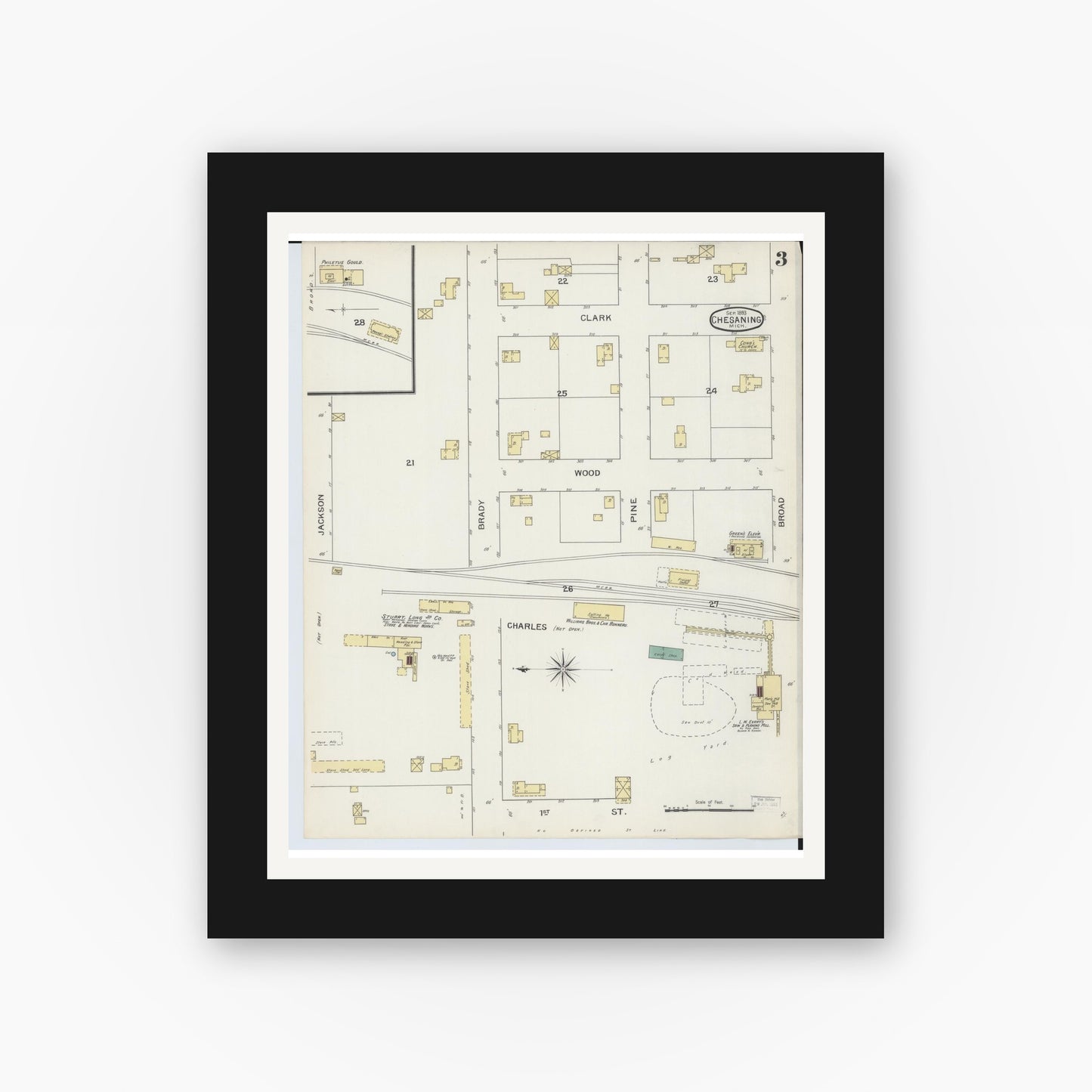 Old map wall art mockup — black gallery frame with white mat — Sanborn Fire Insurance Map from Chesaning, Saginaw County, Michigan (1893), Sheet #0003