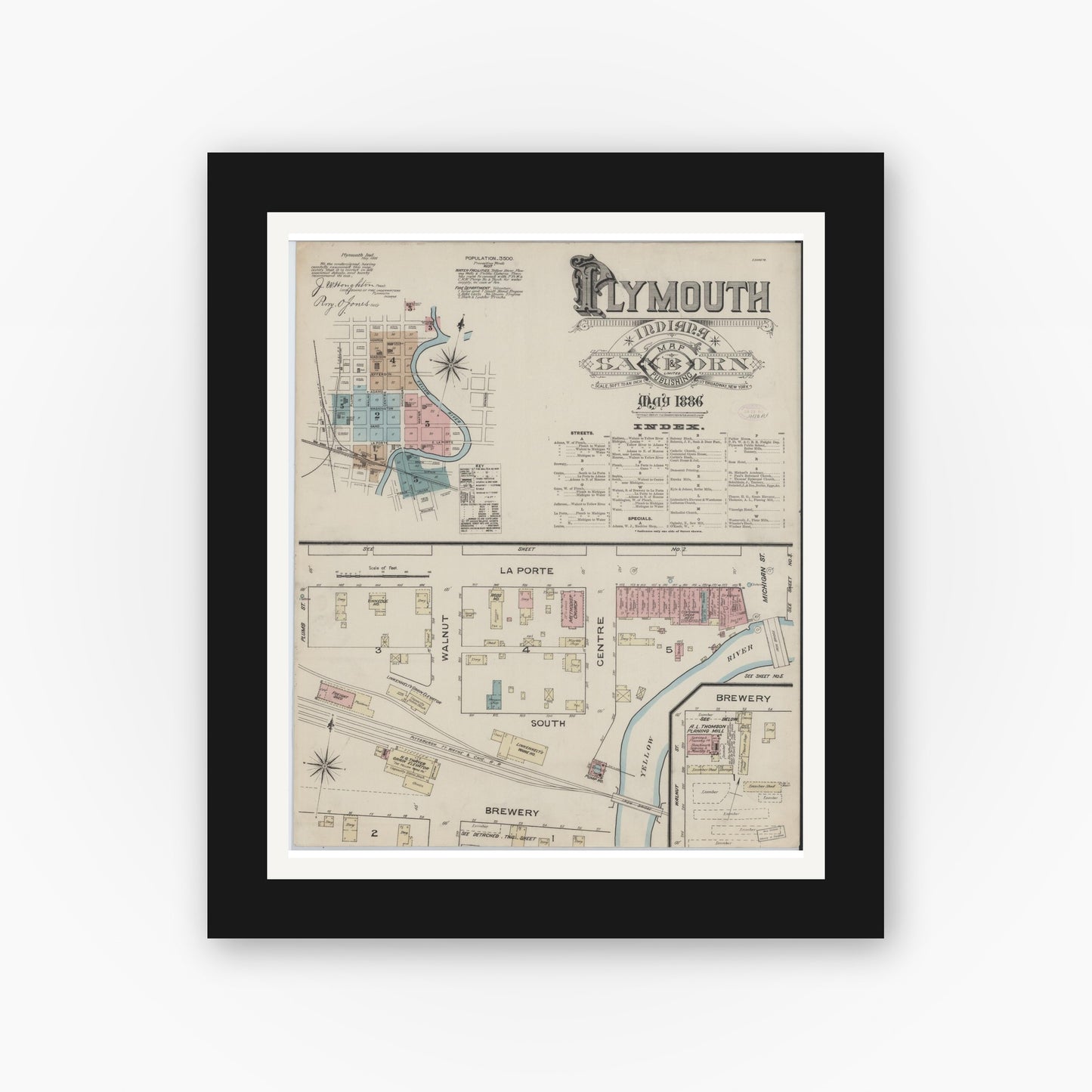 Old map wall art mockup — black gallery frame with white mat — Sanborn Fire Insurance Map from Plymouth, Marhshall County, Indiana (1886), Sheet #0001
