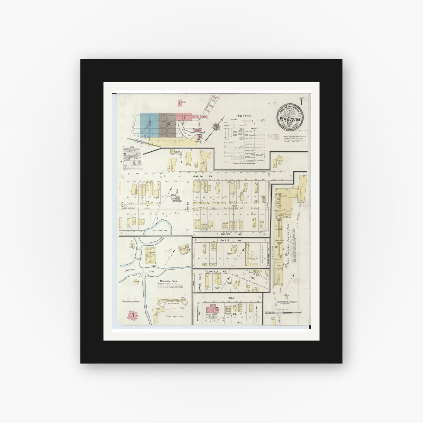 Old map wall art mockup — black gallery frame with white mat — Sanborn Fire Insurance Map from New Boston, Scioto County, Ohio (1911), Sheet #0001