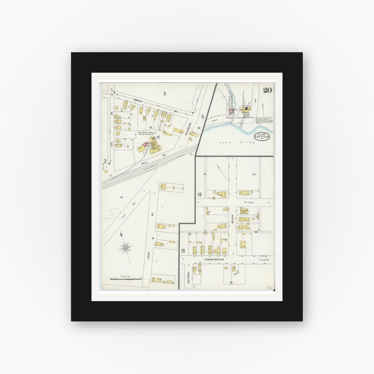 Old map wall art mockup — black gallery frame with white mat — Sanborn Fire Insurance Map from Suffolk, Independent Cities, Virginia (1898), Sheet #0020