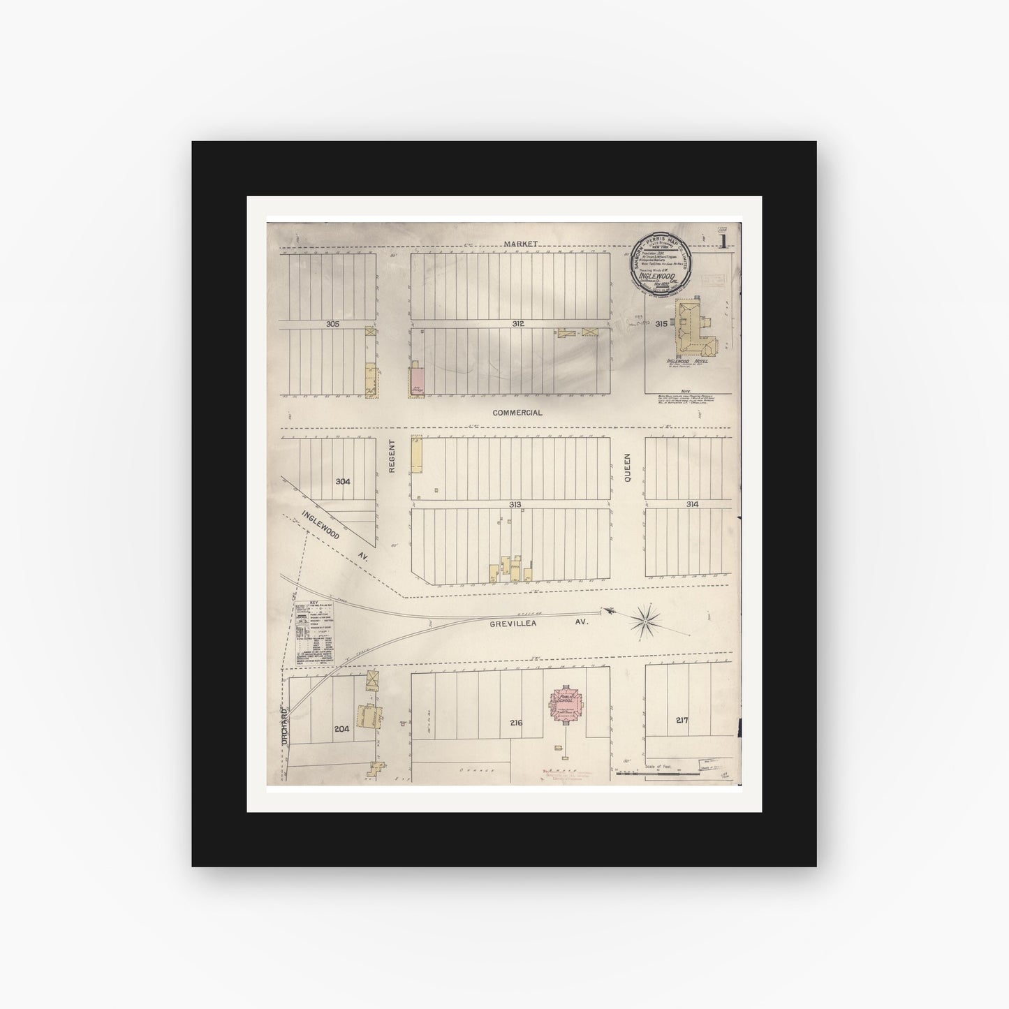 Old map wall art mockup — black gallery frame with white mat — Sanborn Fire Insurance Map from Inglewood, Los Angeles County, California (1892), Sheet #0001