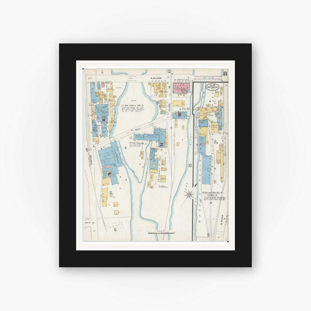 Old map wall art mockup — black gallery frame with white mat — Sanborn Fire Insurance Map from Batavia, Kane County, Illinois (1897), Sheet #0008