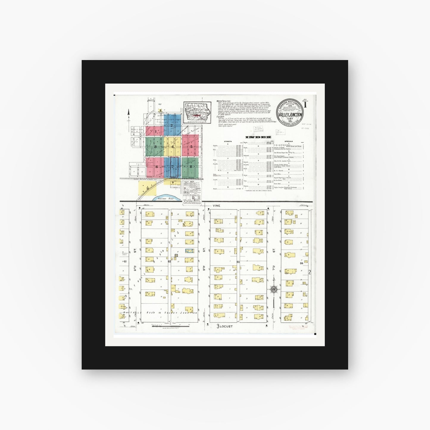 Old map wall art mockup — black gallery frame with white mat — Sanborn Fire Insurance Map from Valley Junction, Polk County, Iowa (1920) — Complete Set