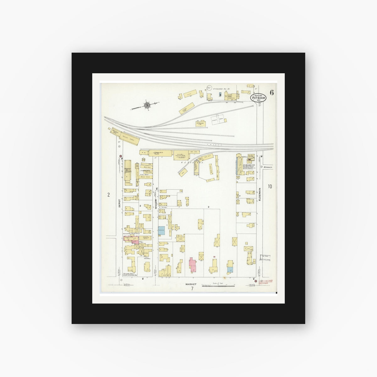Old map wall art mockup — black gallery frame with white mat — Sanborn Fire Insurance Map from Potsdam, St. Lawrence County, New York (1910), Sheet #0006