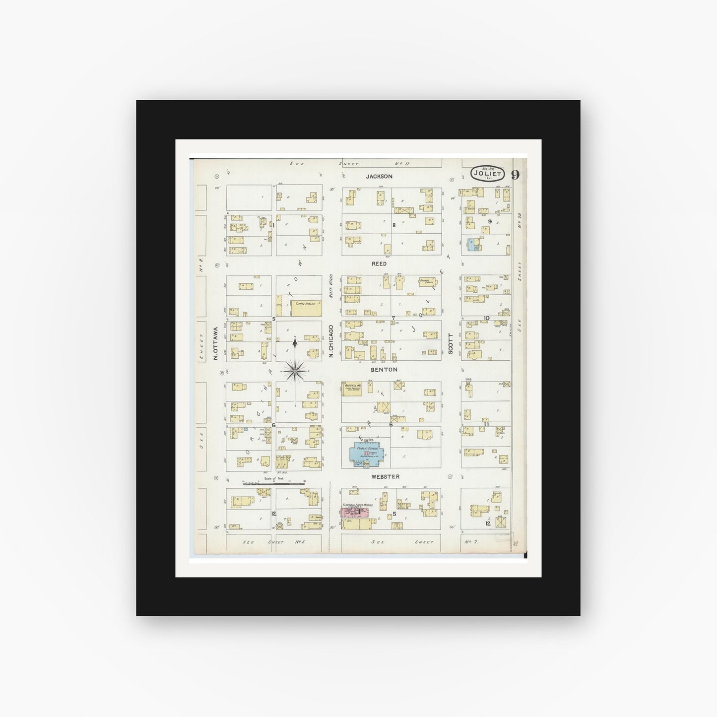 Old map wall art mockup — black gallery frame with white mat — Sanborn Fire Insurance Map from Joliet, Will County, Illinois (1891), Sheet #0009