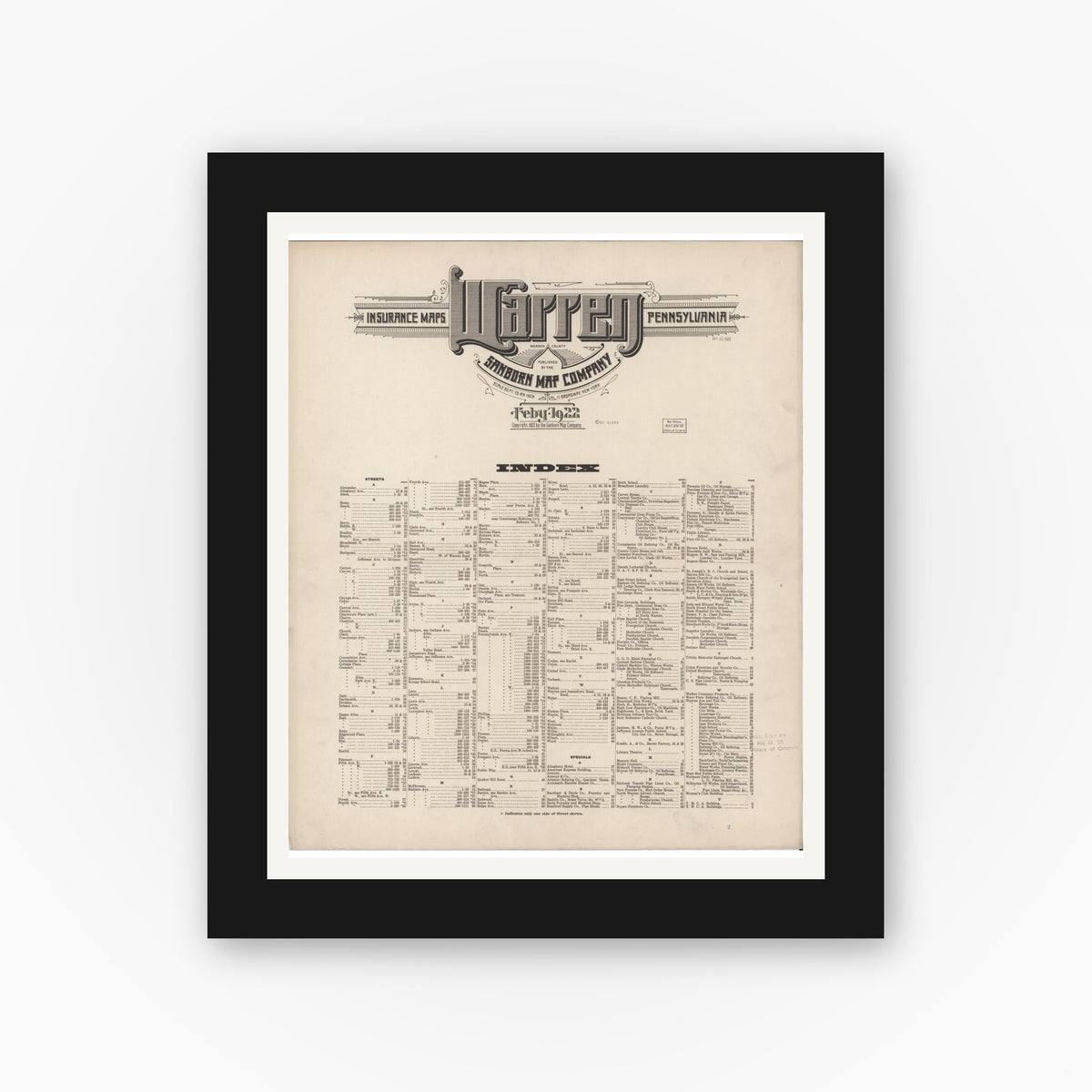 Old map wall art mockup — black gallery frame with white mat — Sanborn Fire Insurance Map from Warren, Warren County, Pennsylvania (1922), Sheet #0001